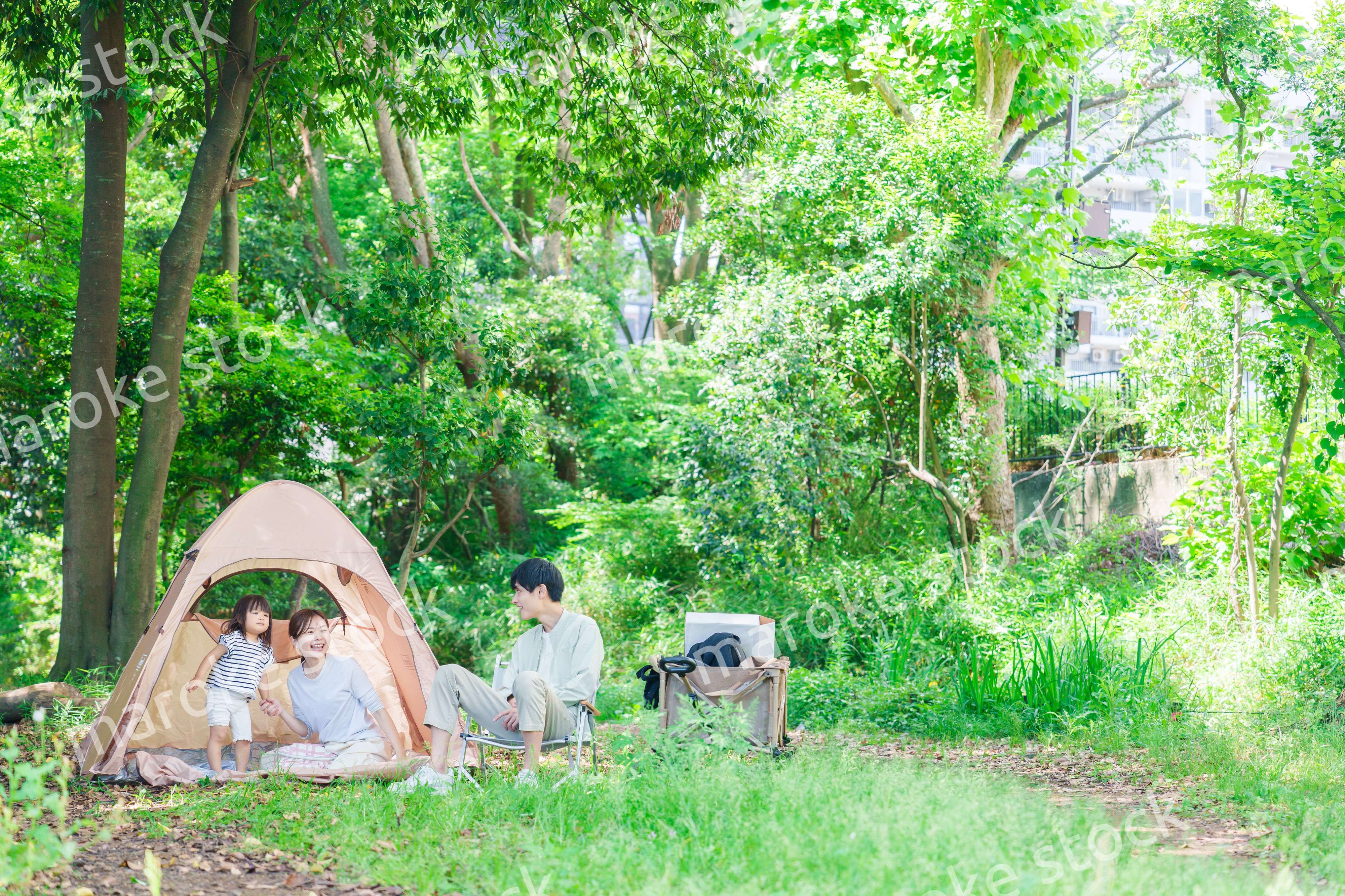 森の中でキャンプをするファミリー