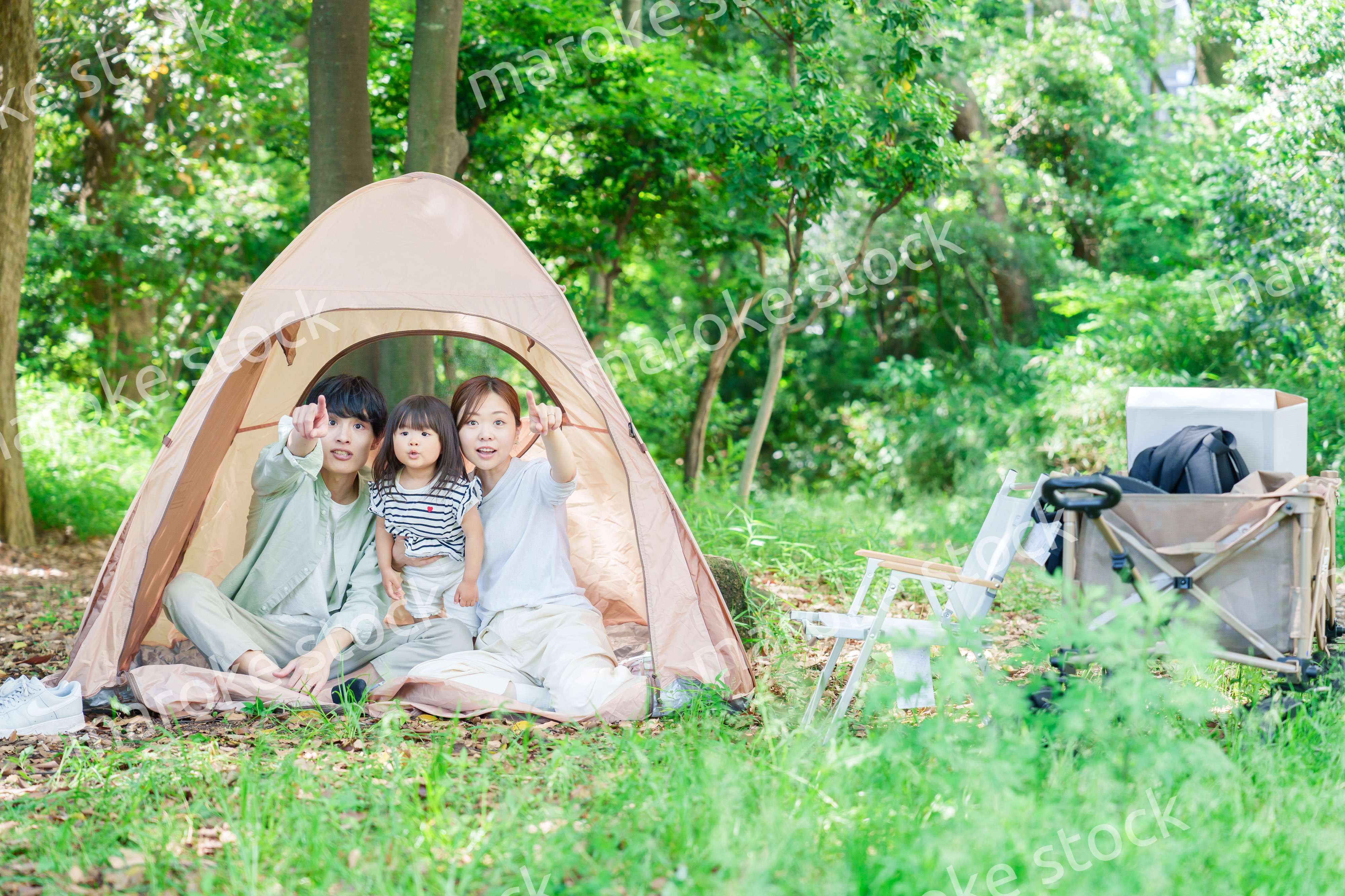 テントの中から自然観察をするファミリー