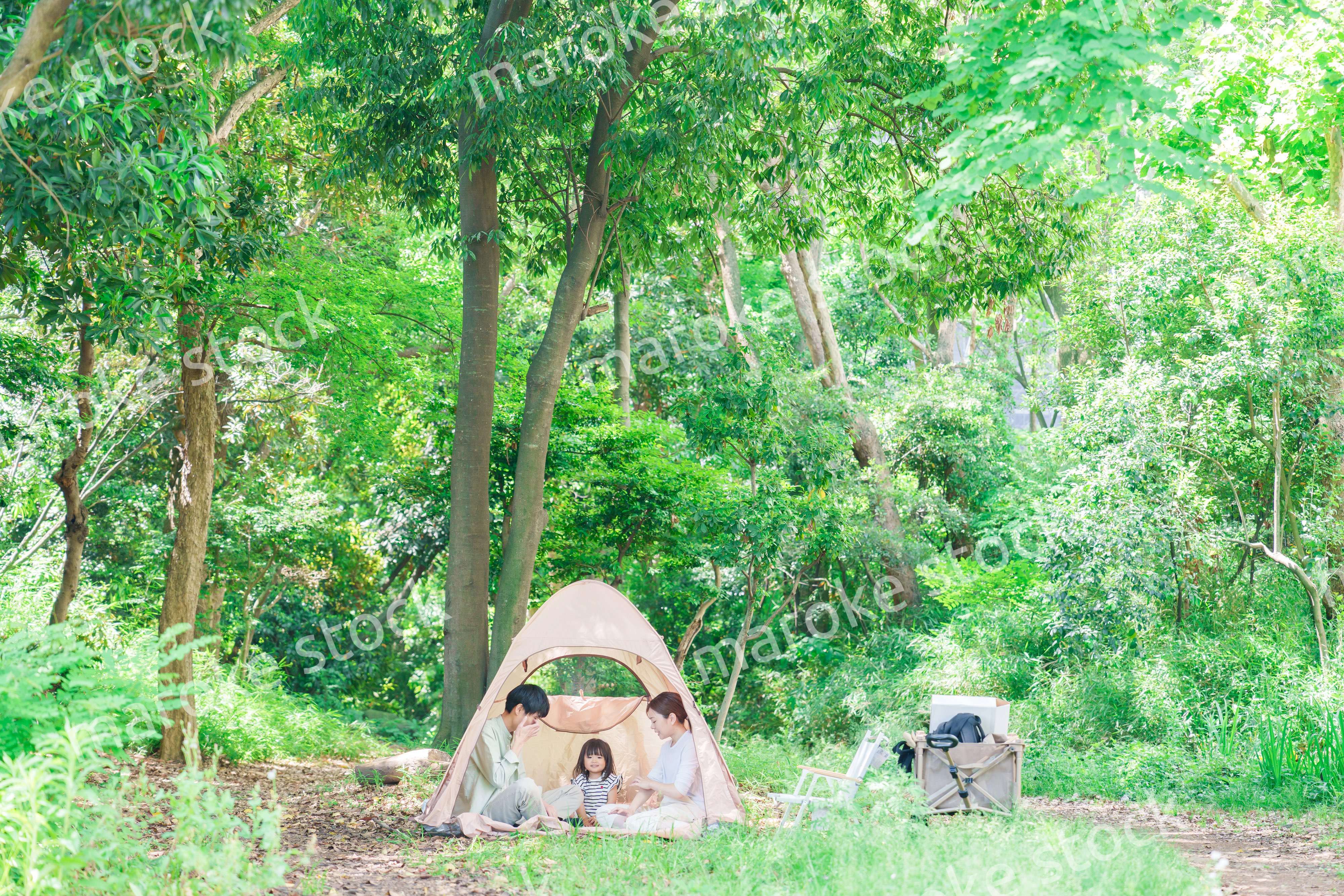 森の中でキャンプを楽しむ子供連れのファミリー