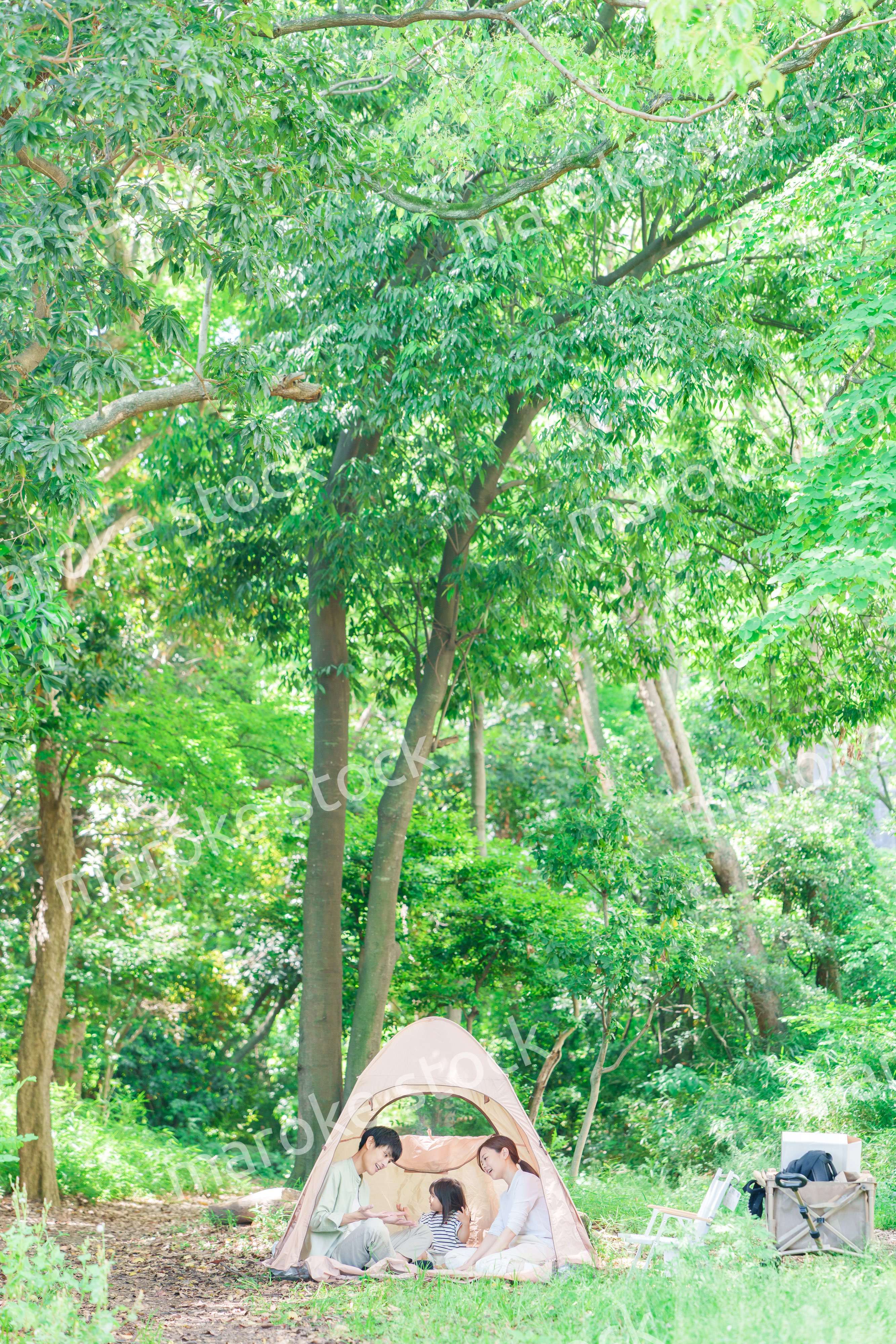 森の中でキャンプを楽しむ子供連れのファミリー