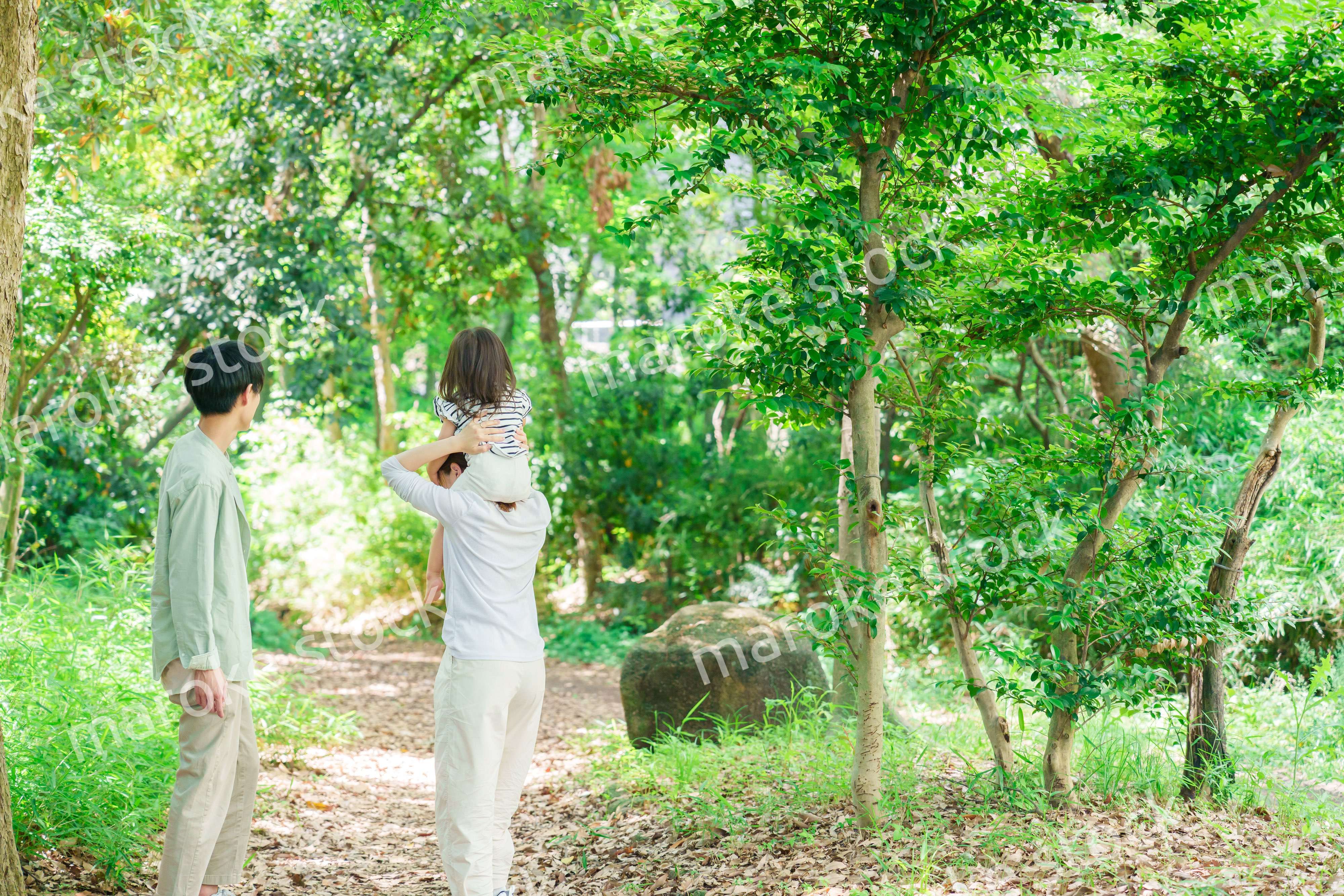 子どもを肩車して森の中を歩く家族