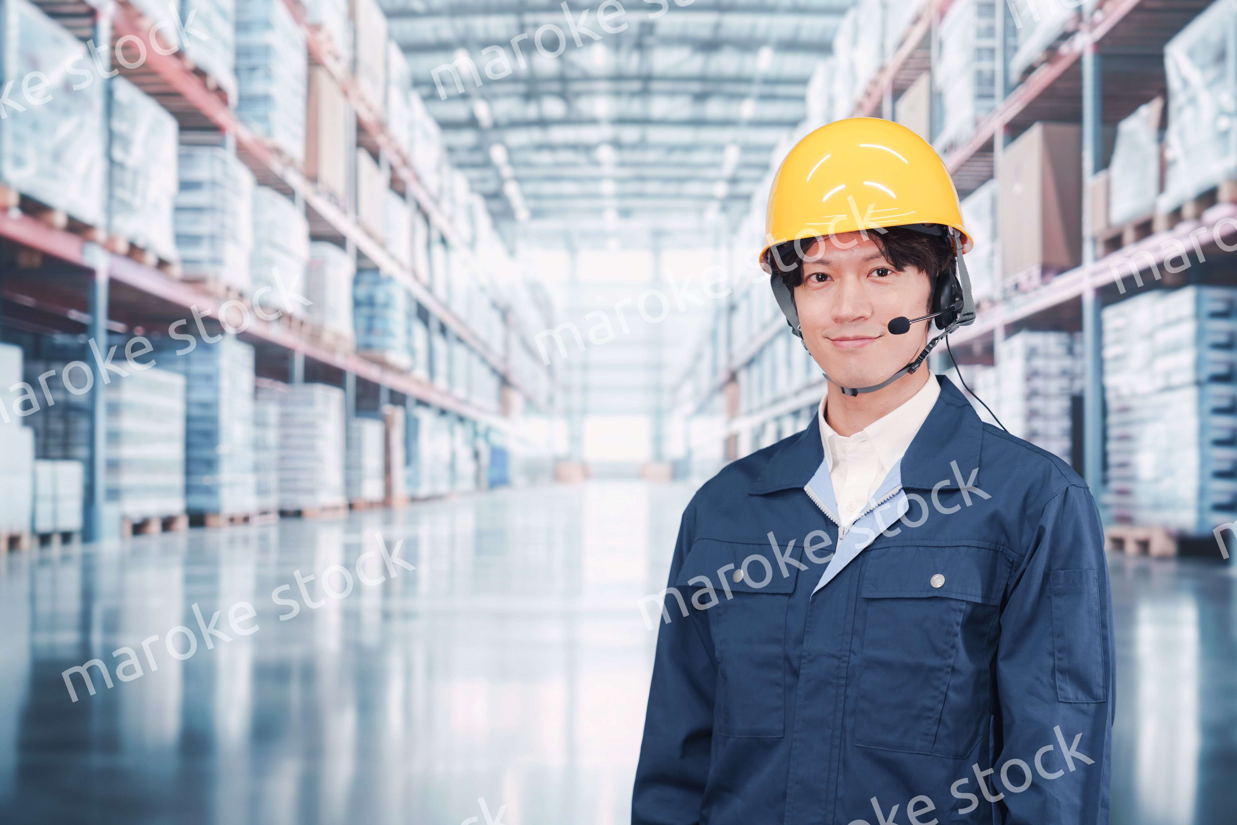 倉庫でヘッドセットをつけてオペレーションをする男性職員