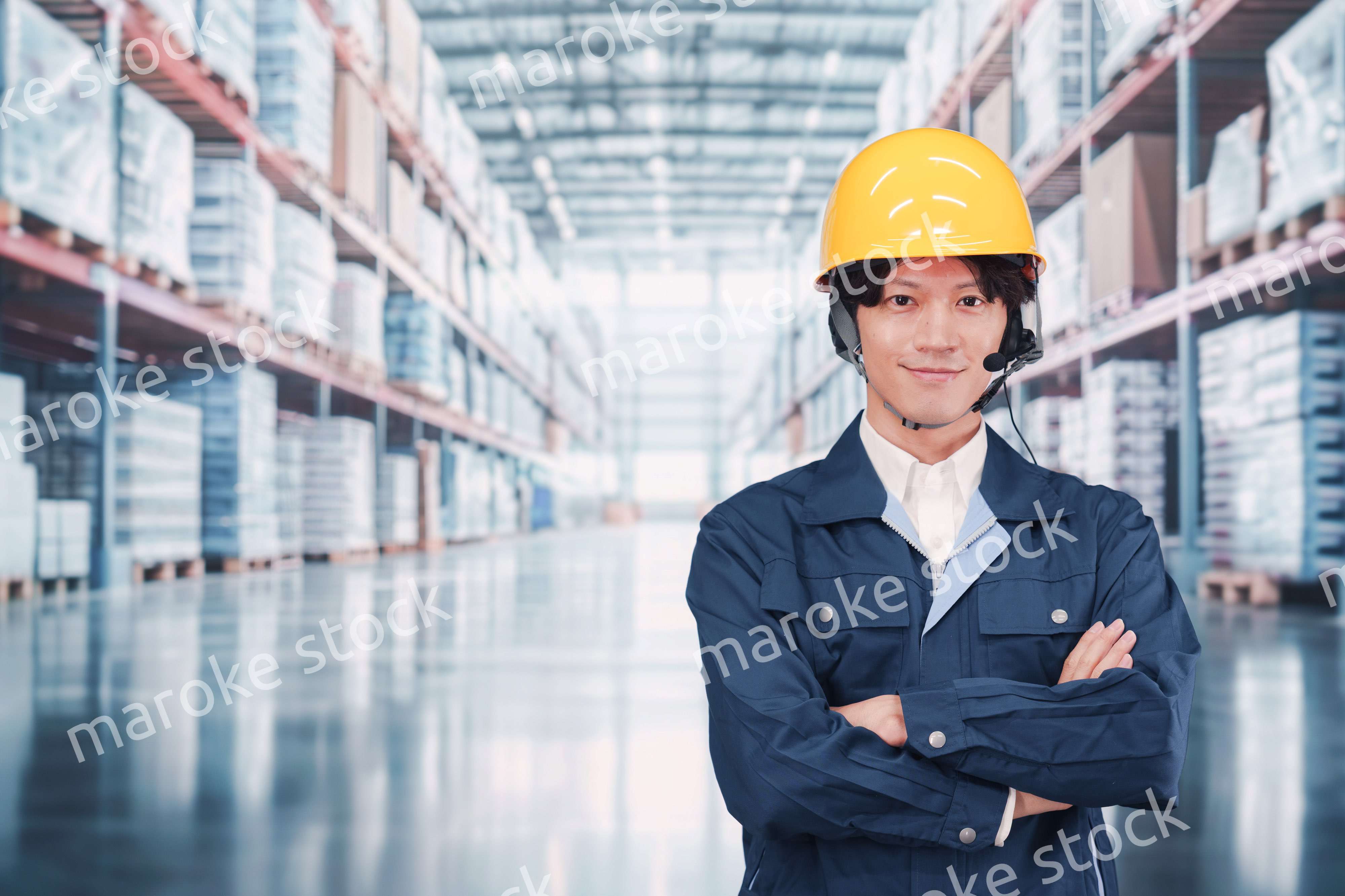 倉庫でヘッドセットをつけてオペレーションをする男性職員