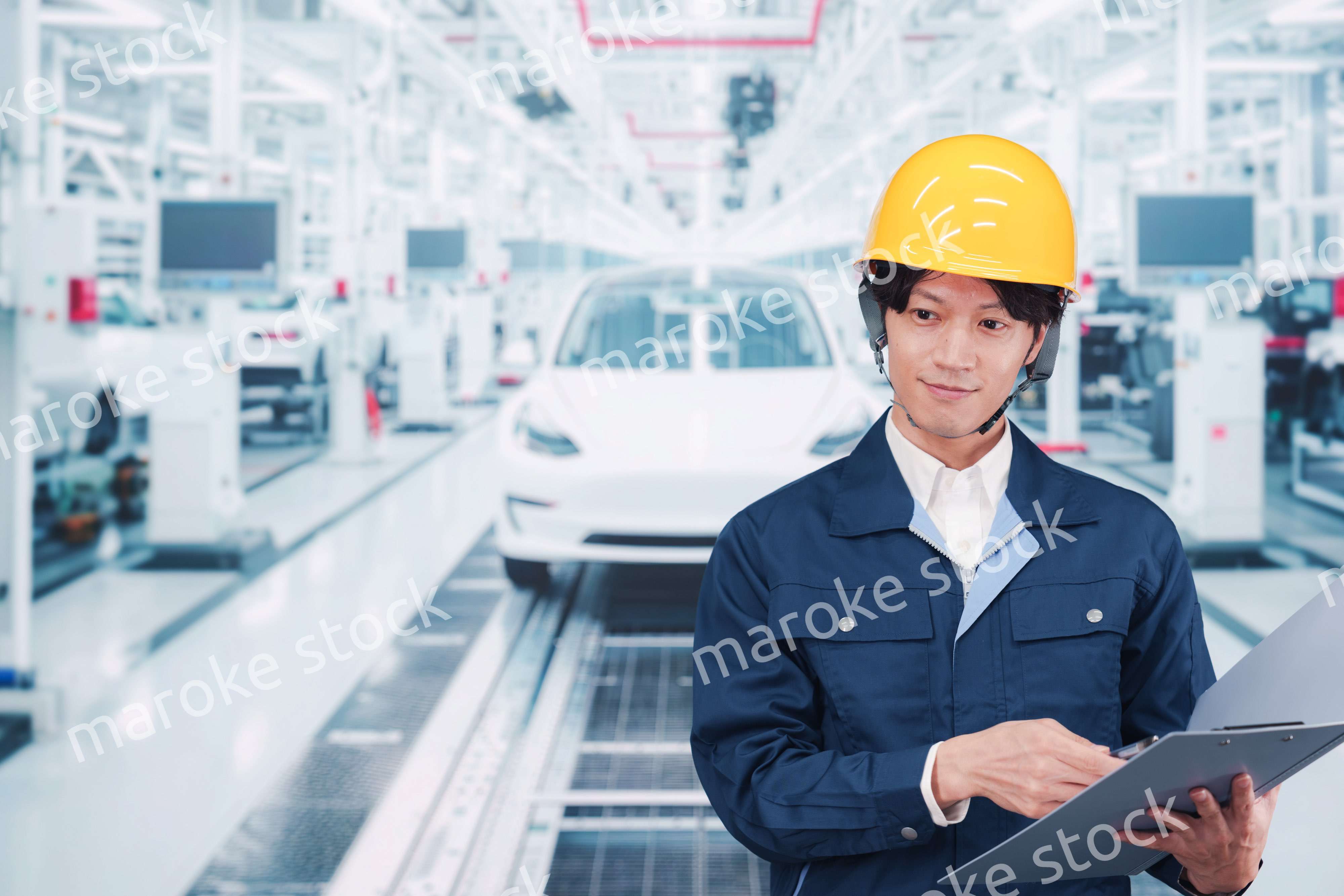 自動車工場で働く若い男性