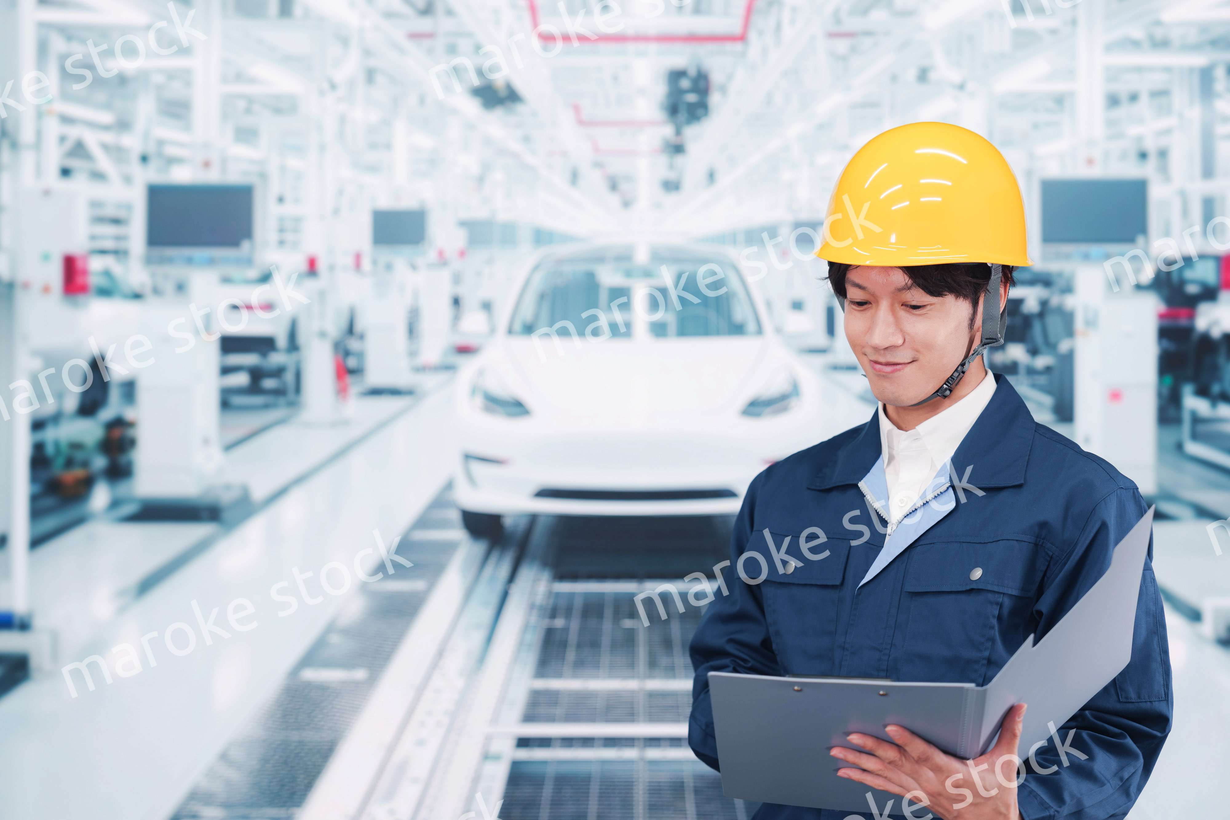 自動車工場で働く若い男性