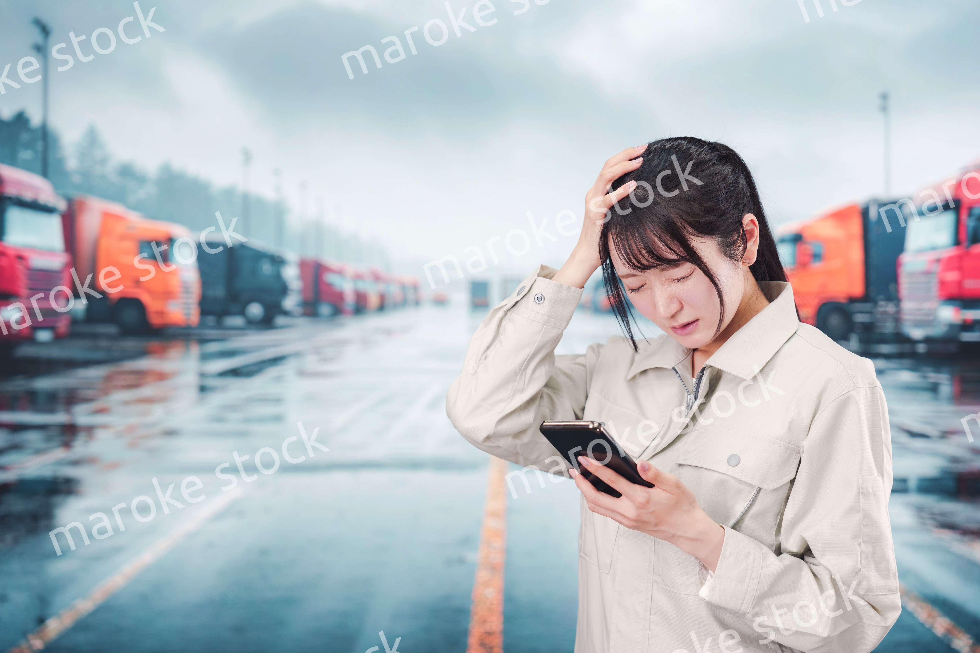 頭を抱えるトラックドライバーの女性