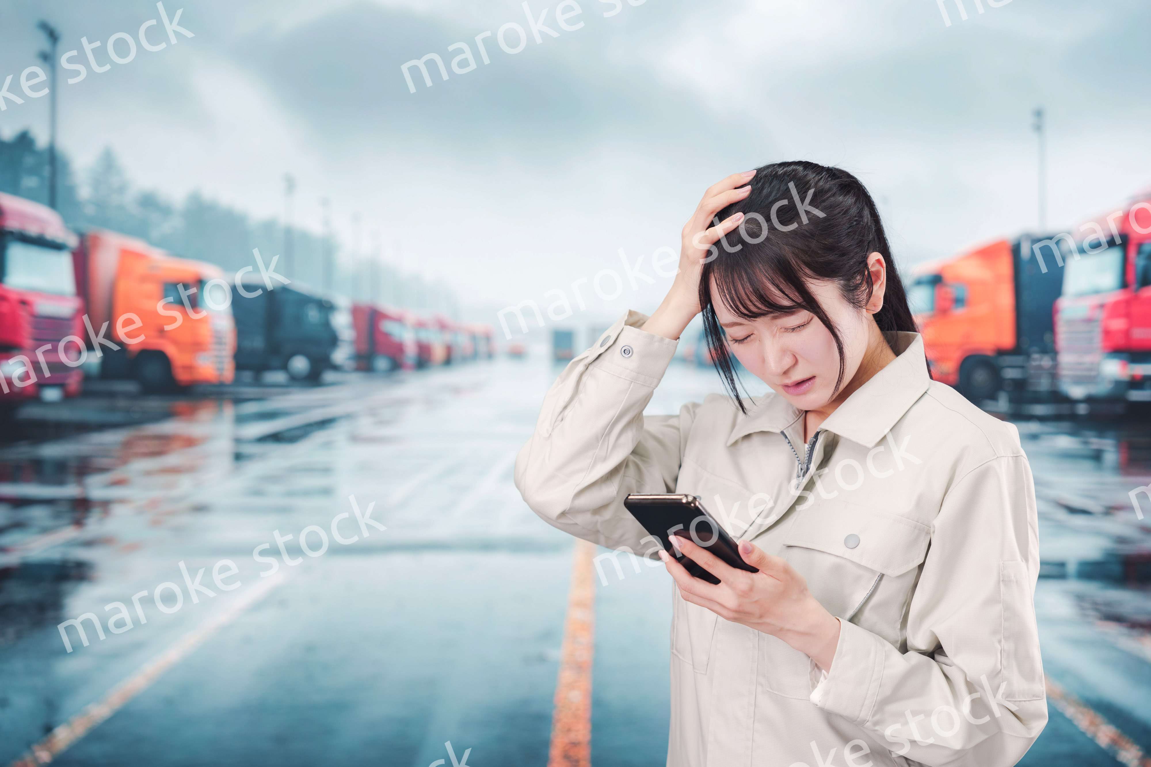 頭を抱えるトラックドライバーの女性