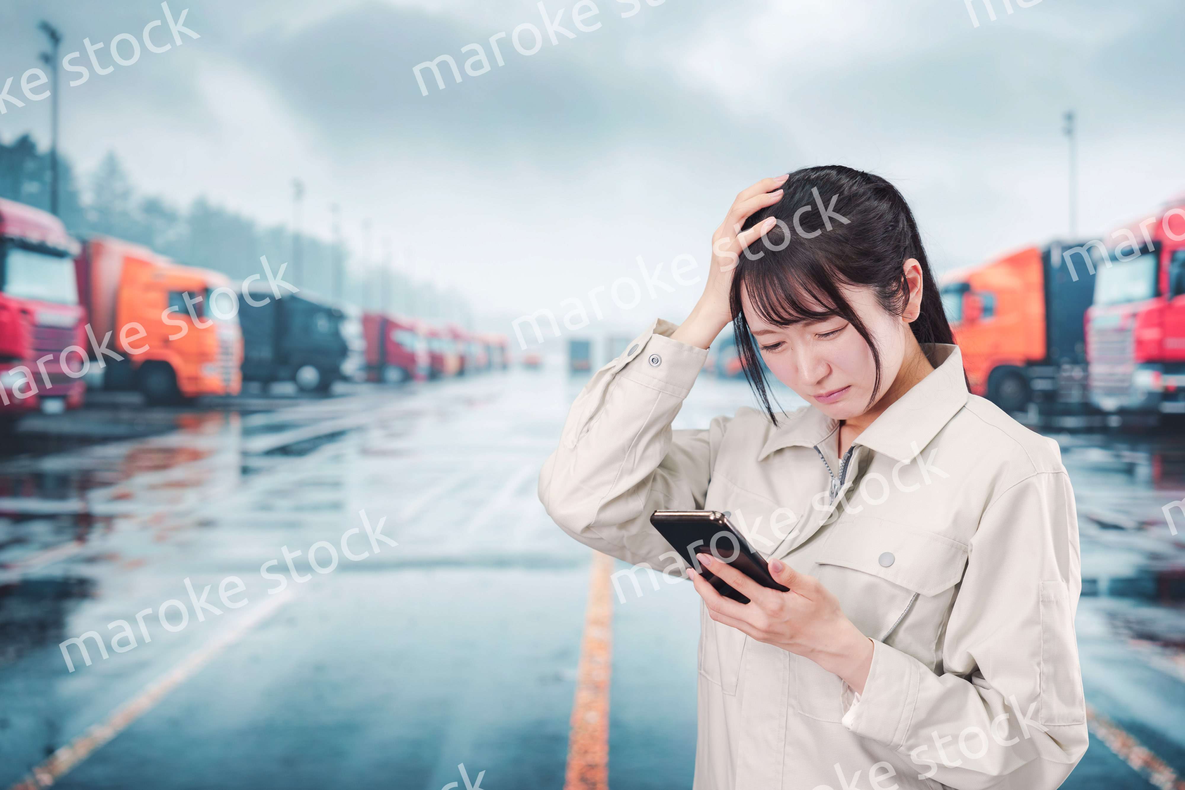 頭を抱えるトラックドライバーの女性