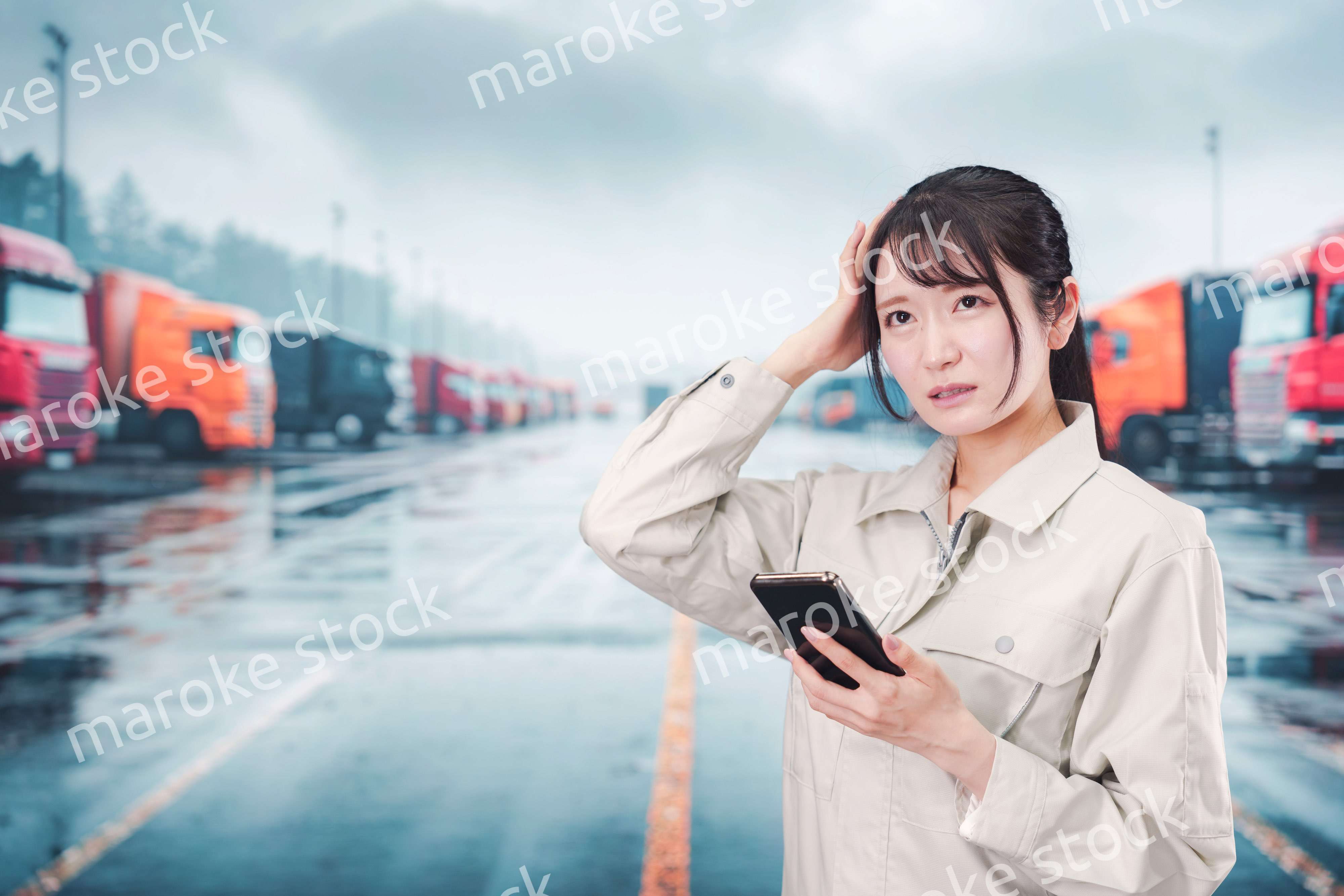 頭を抱えるトラックドライバーの女性