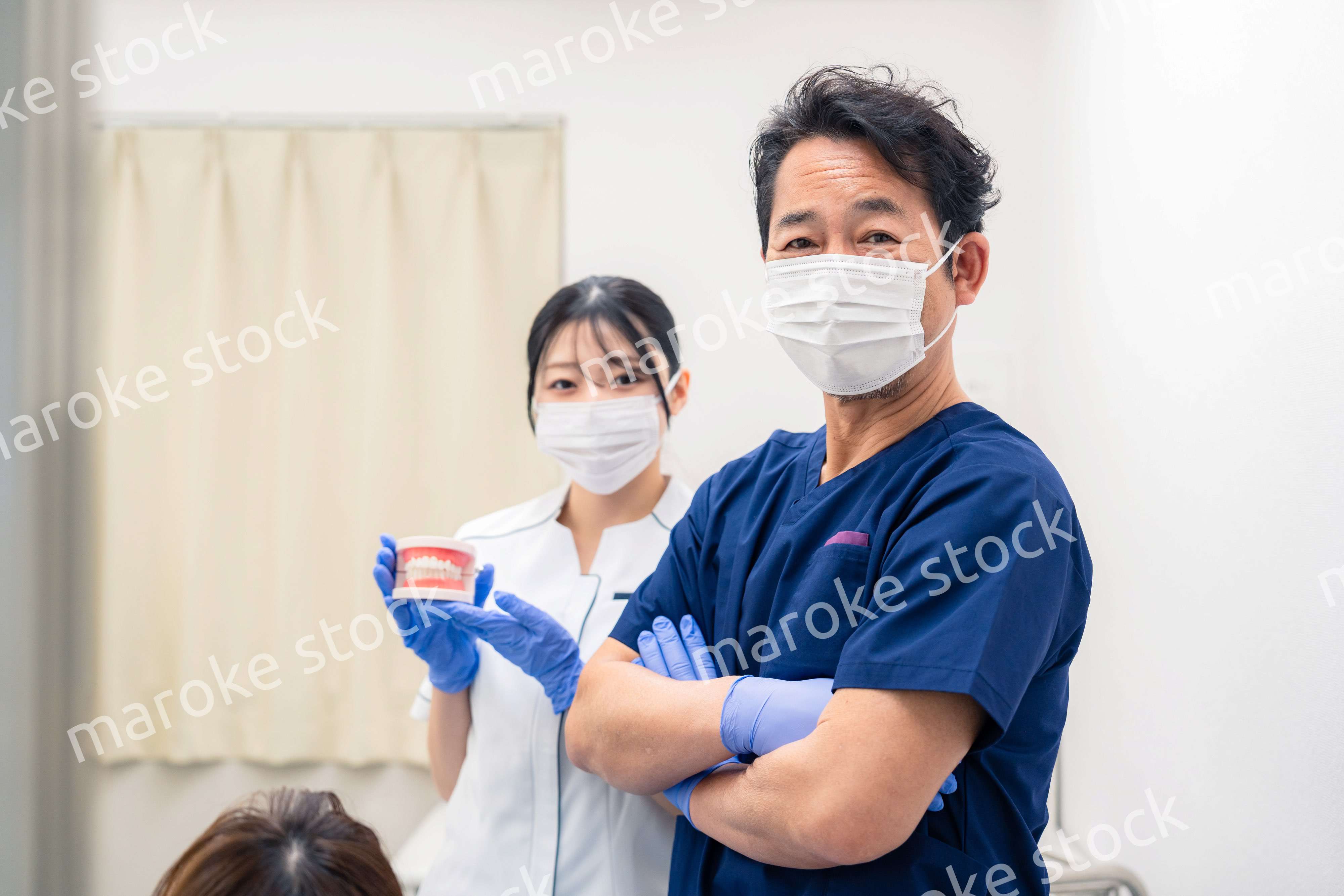 歯の模型を使って歯科治療の説明をする歯医者