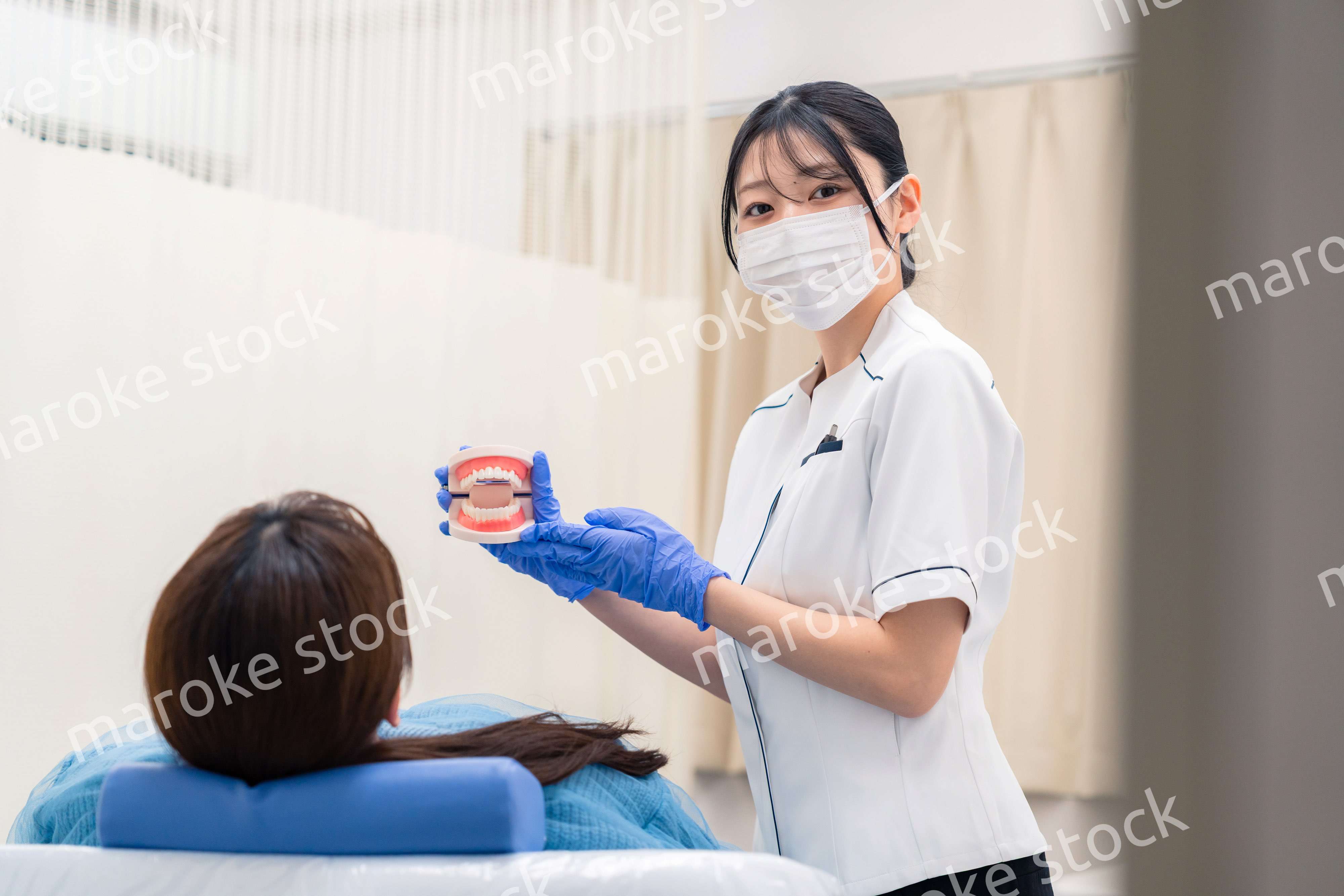 歯の模型を使って患者に説明をする歯科助手の女性