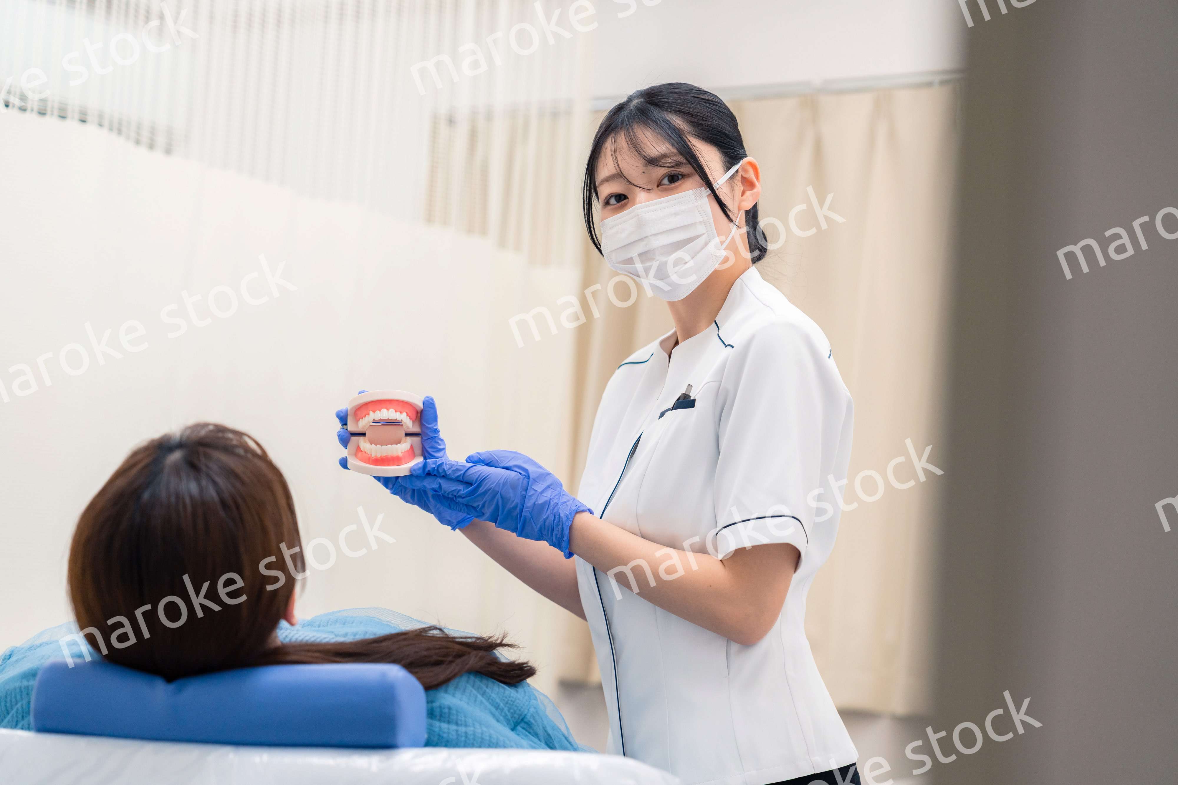 歯の模型を使って患者に説明をする歯科助手の女性
