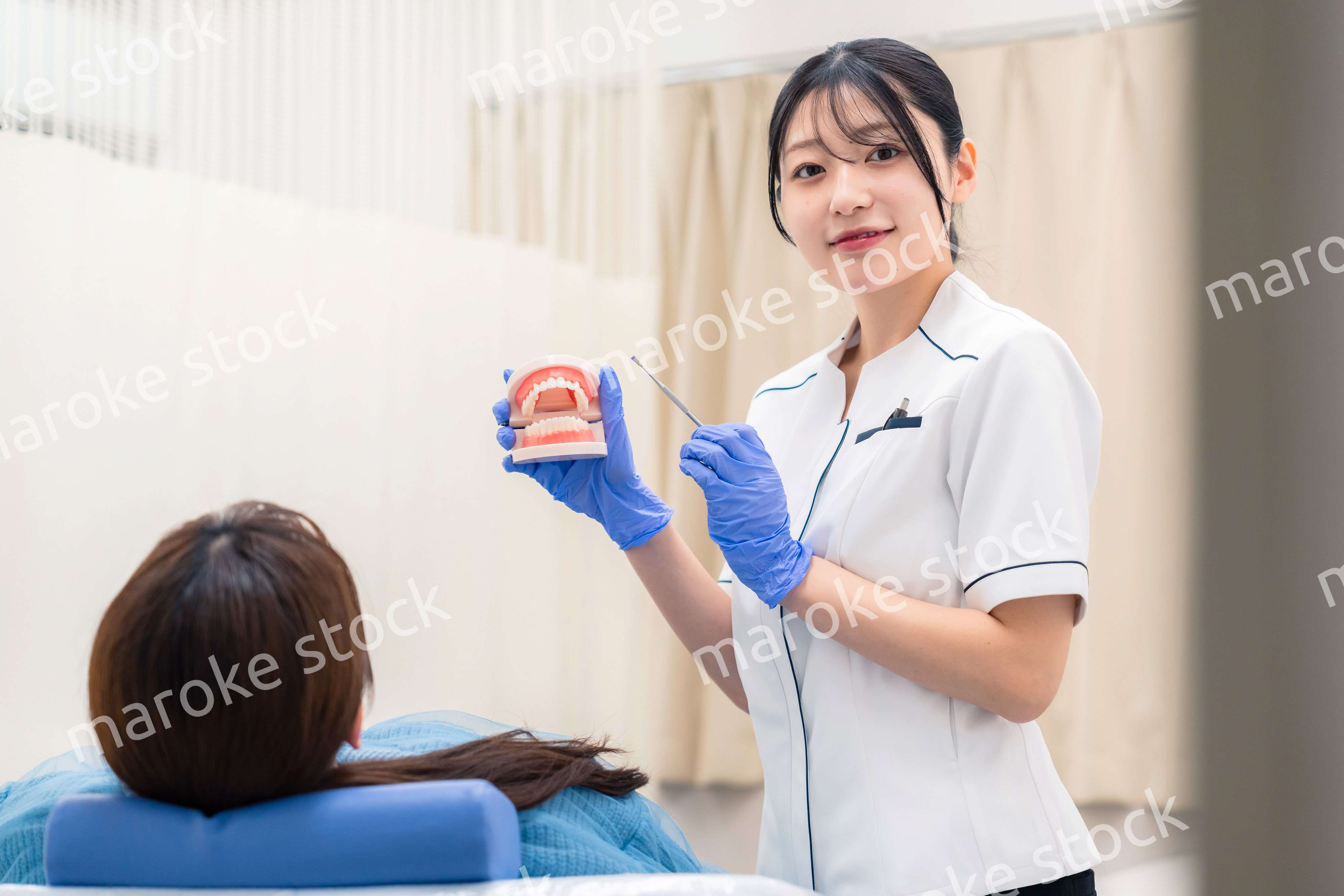 歯の模型を使って患者に説明をする歯科助手の女性