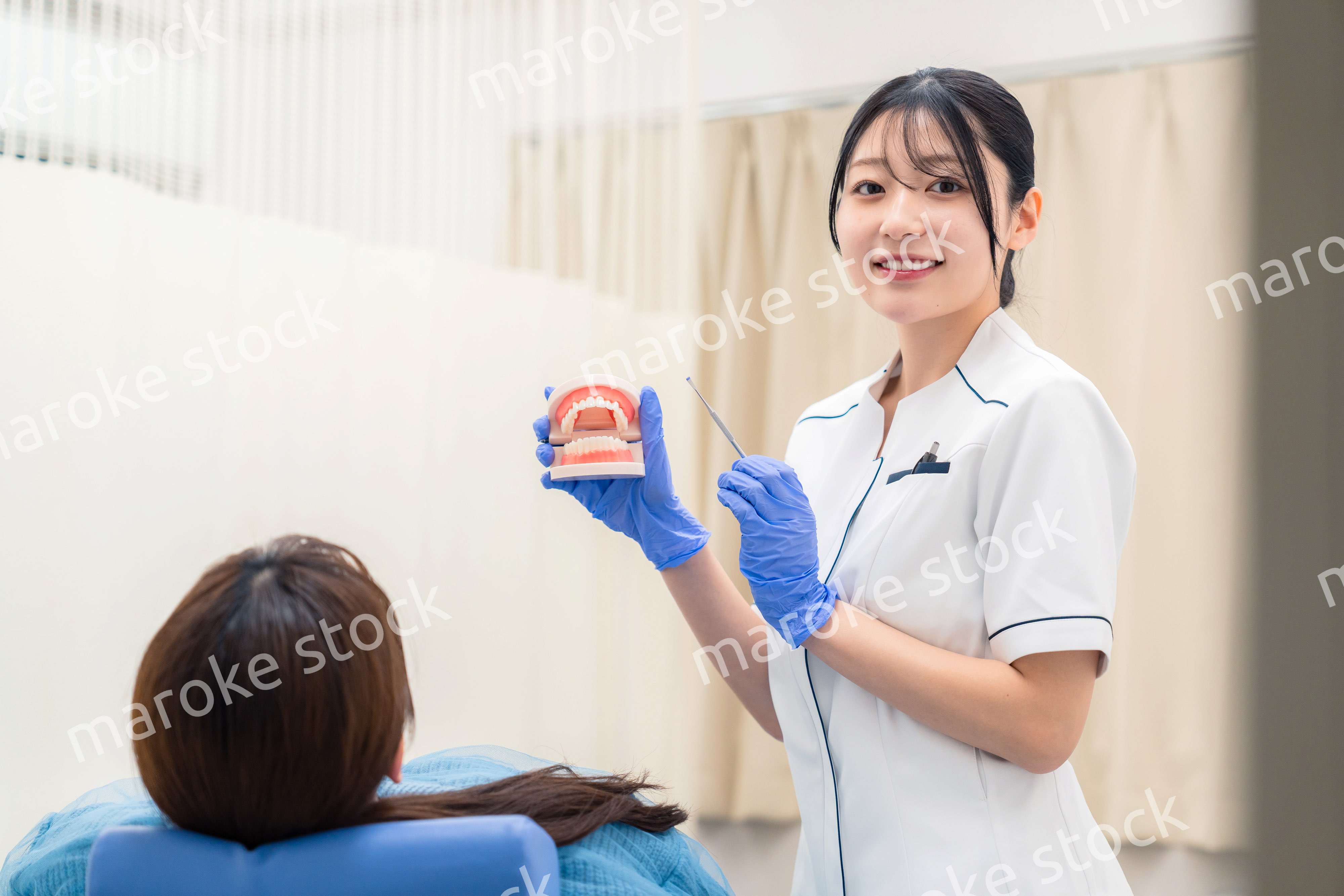 歯の模型を使って患者に説明をする歯科助手の女性