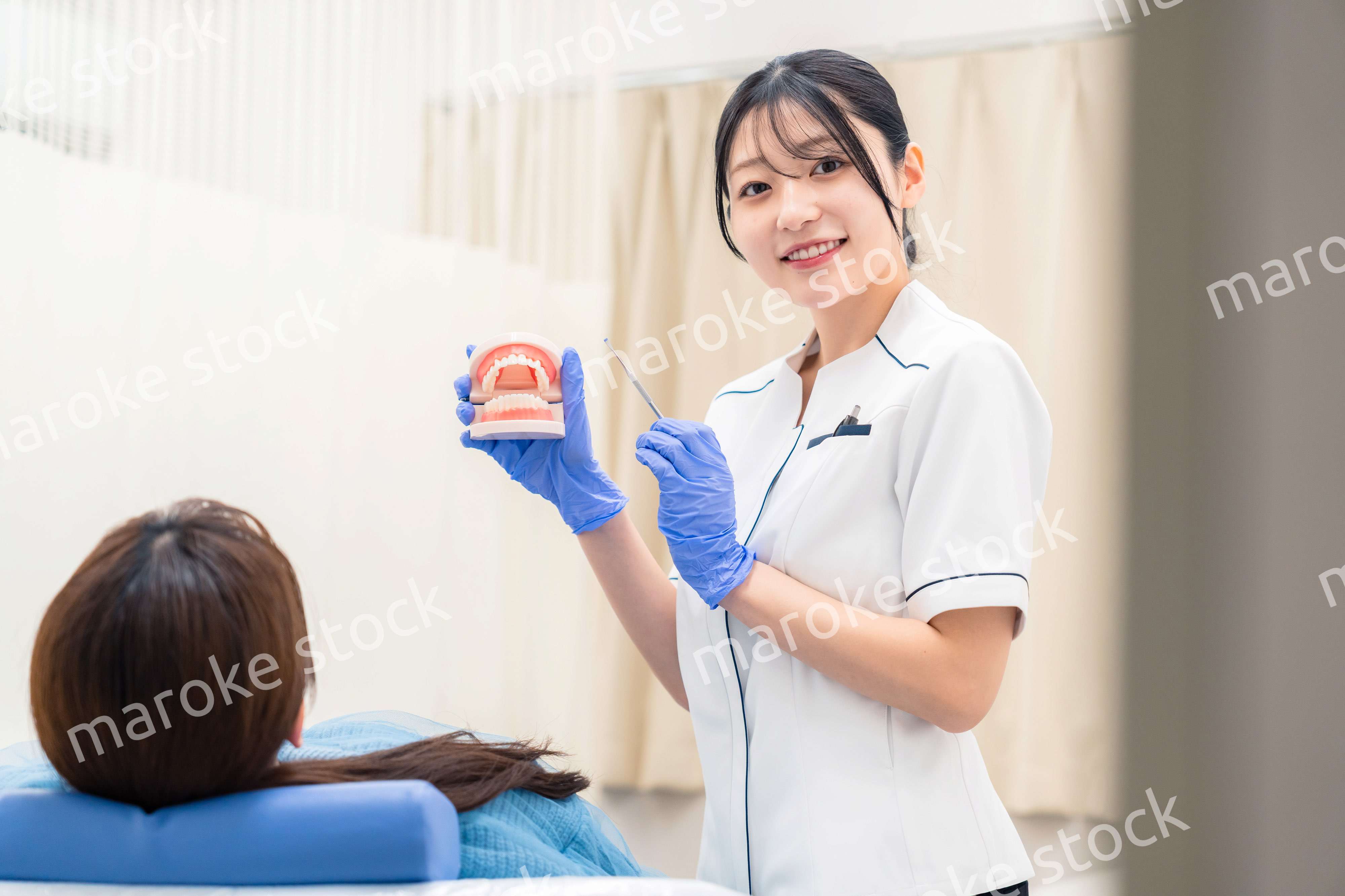 歯の模型を使って患者に説明をする歯科助手の女性