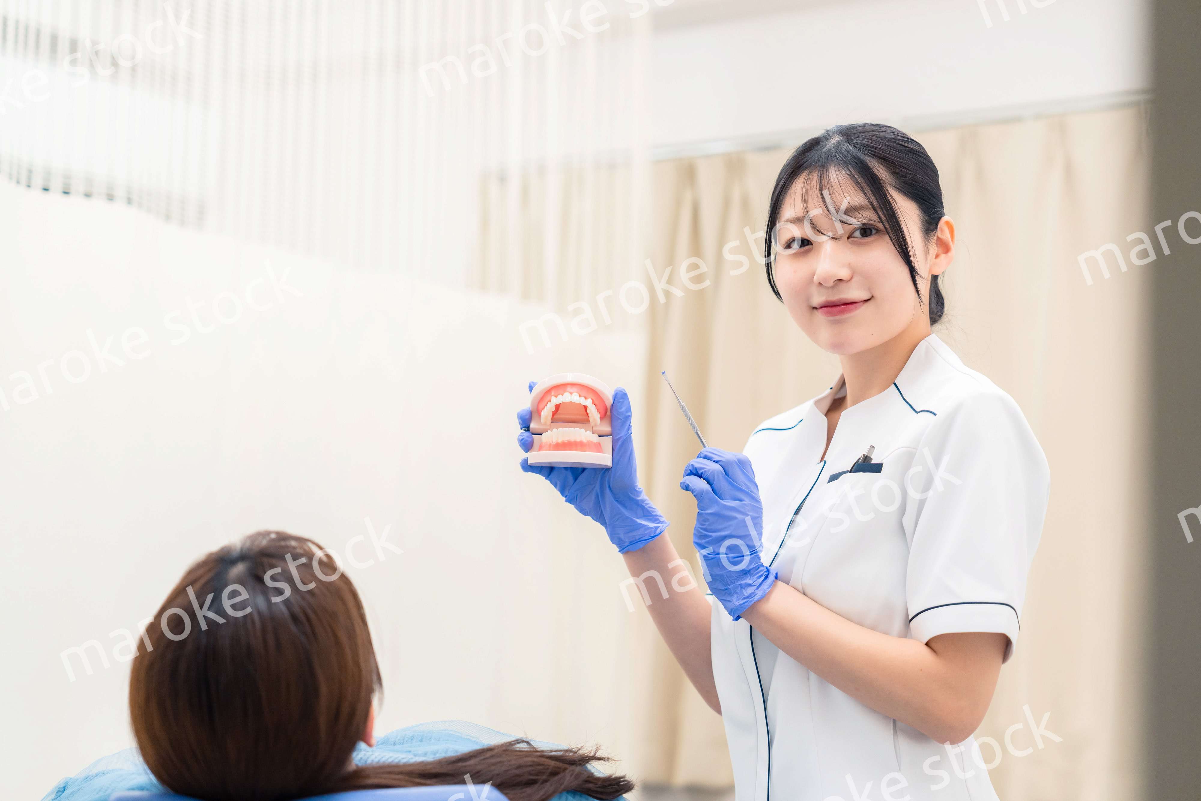 歯の模型を使って患者に説明をする歯科助手の女性