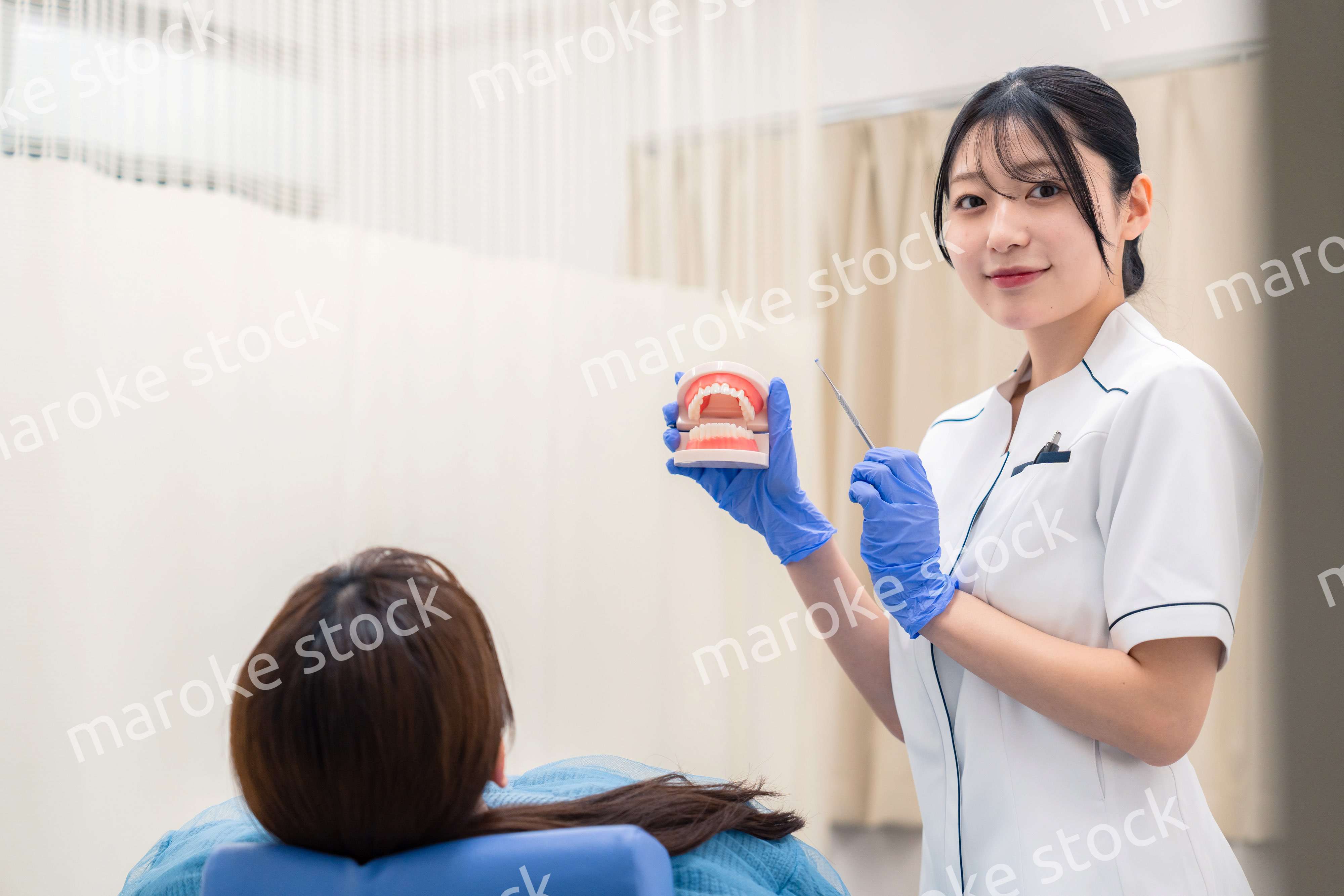 歯の模型を使って患者に説明をする歯科助手の女性