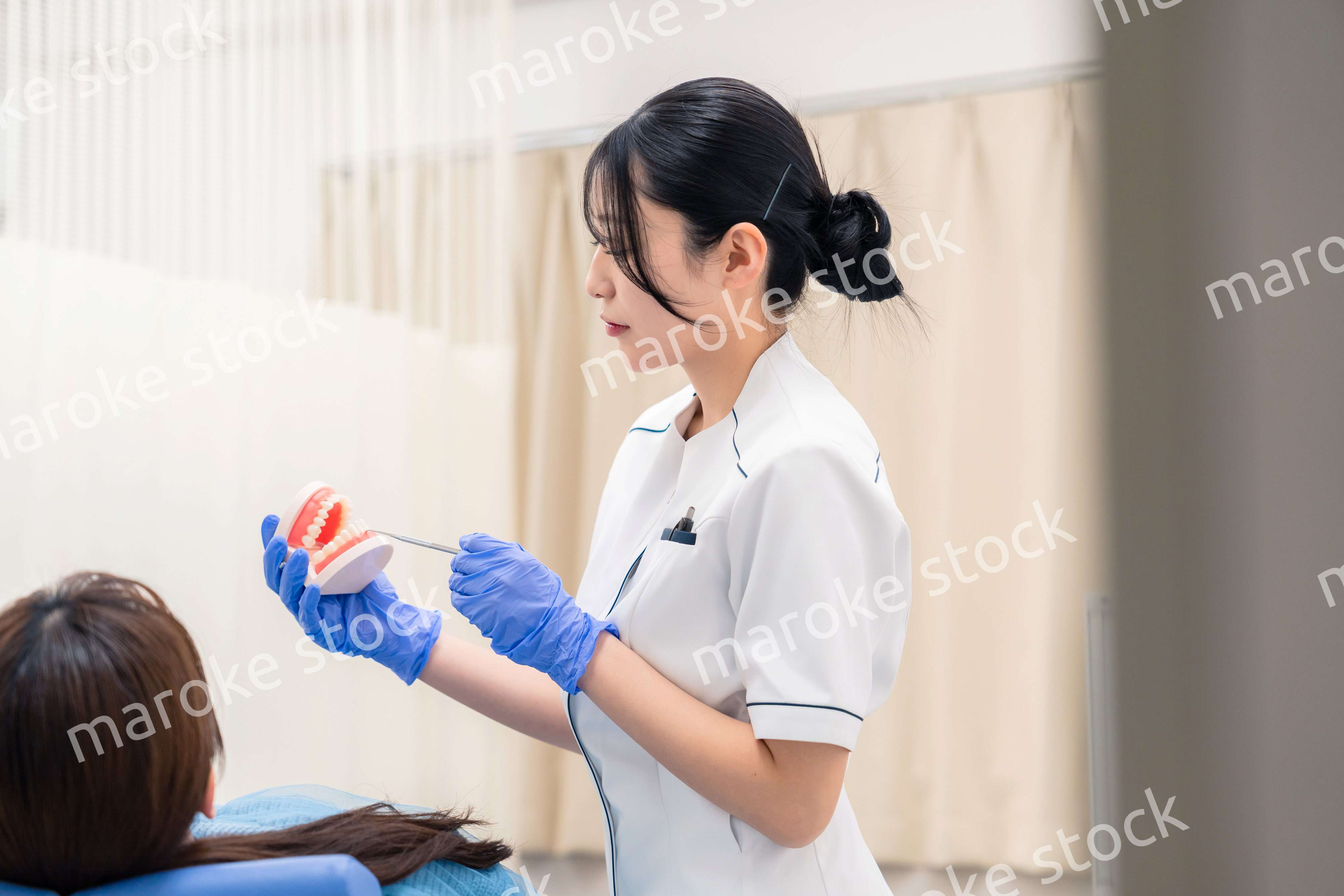 歯の模型を使って患者に説明をする歯科助手の女性