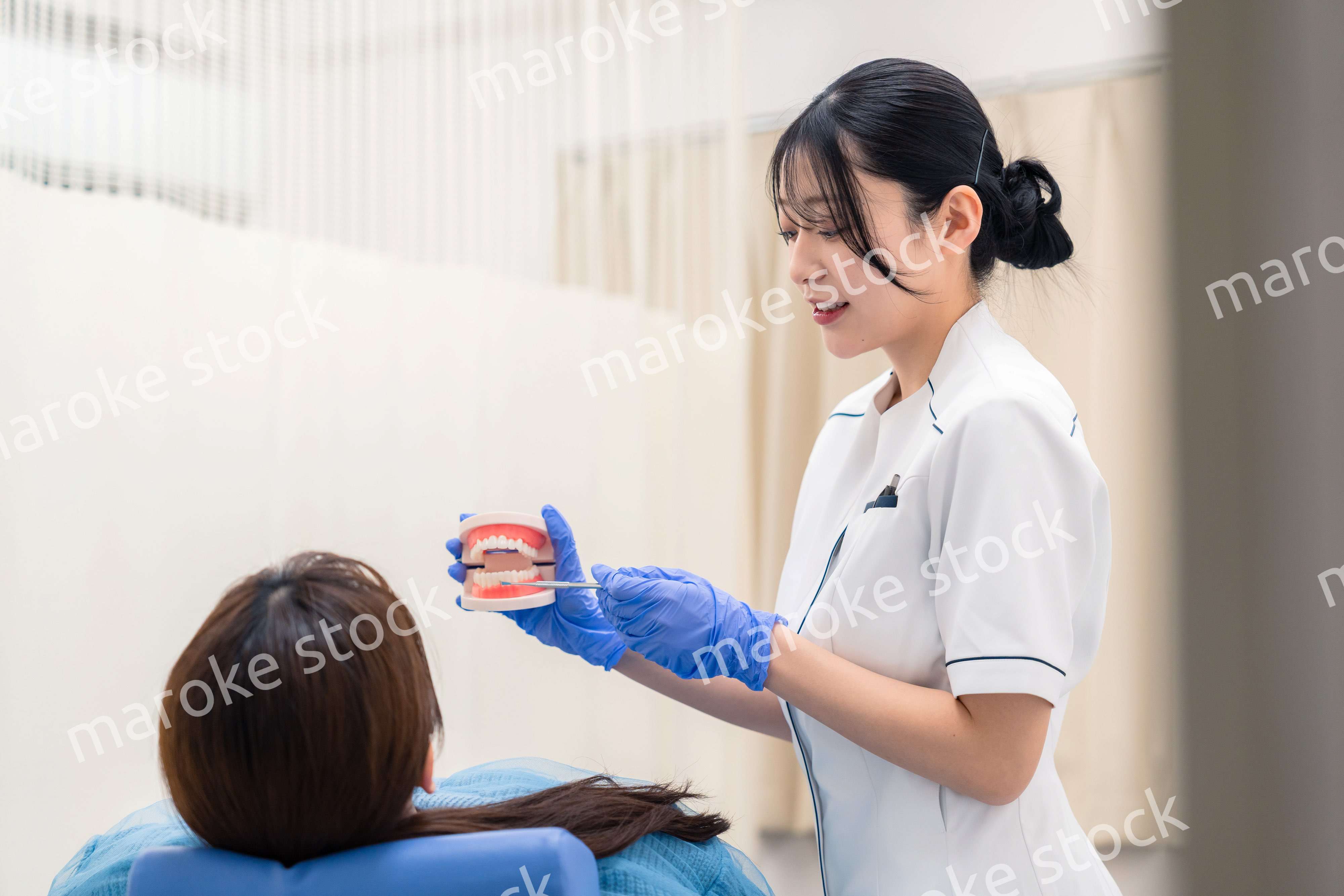 歯の模型を使って患者に説明をする歯科助手の女性