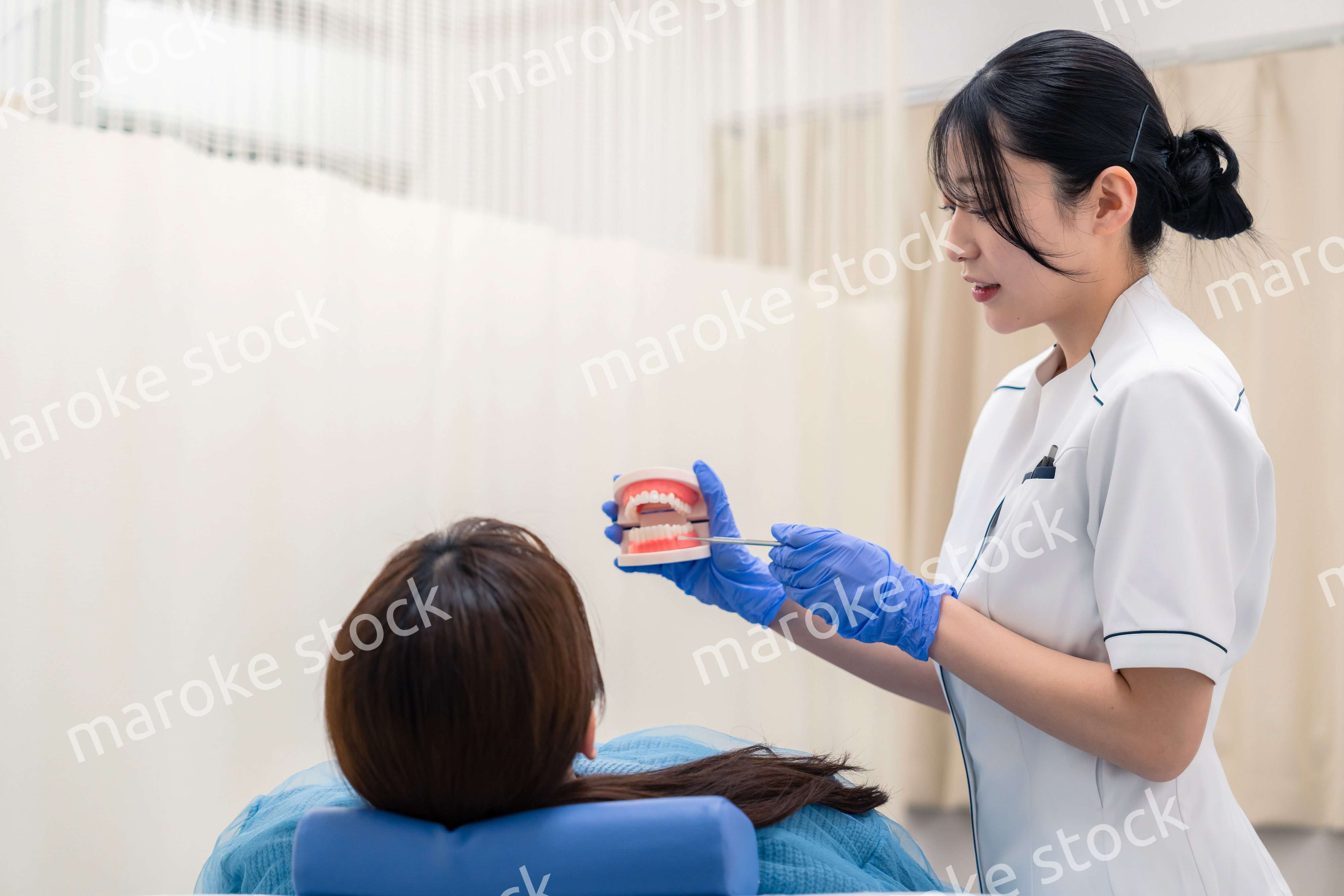 歯の模型を使って患者に説明をする歯科助手の女性