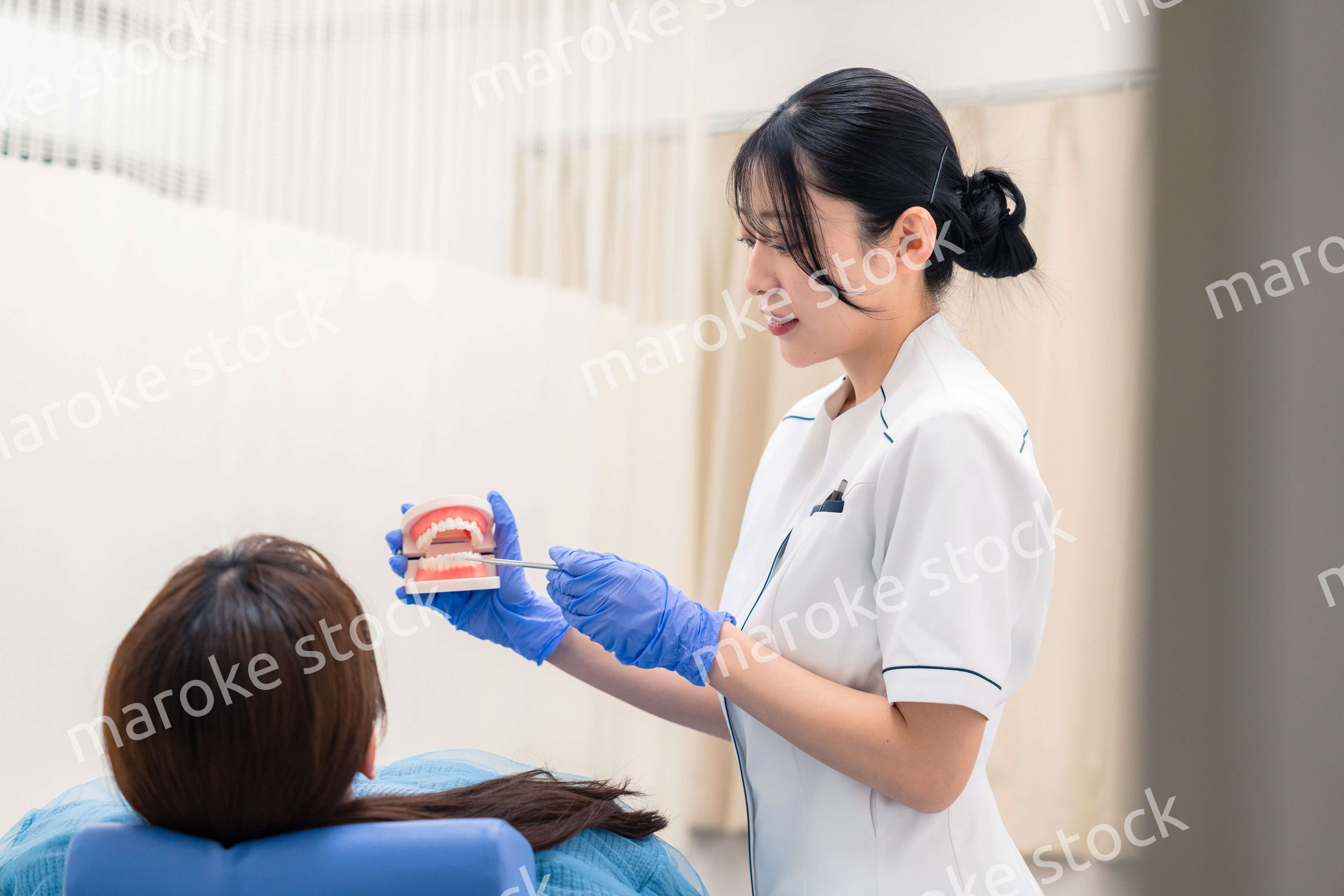 歯の模型を使って患者に説明をする歯科助手の女性
