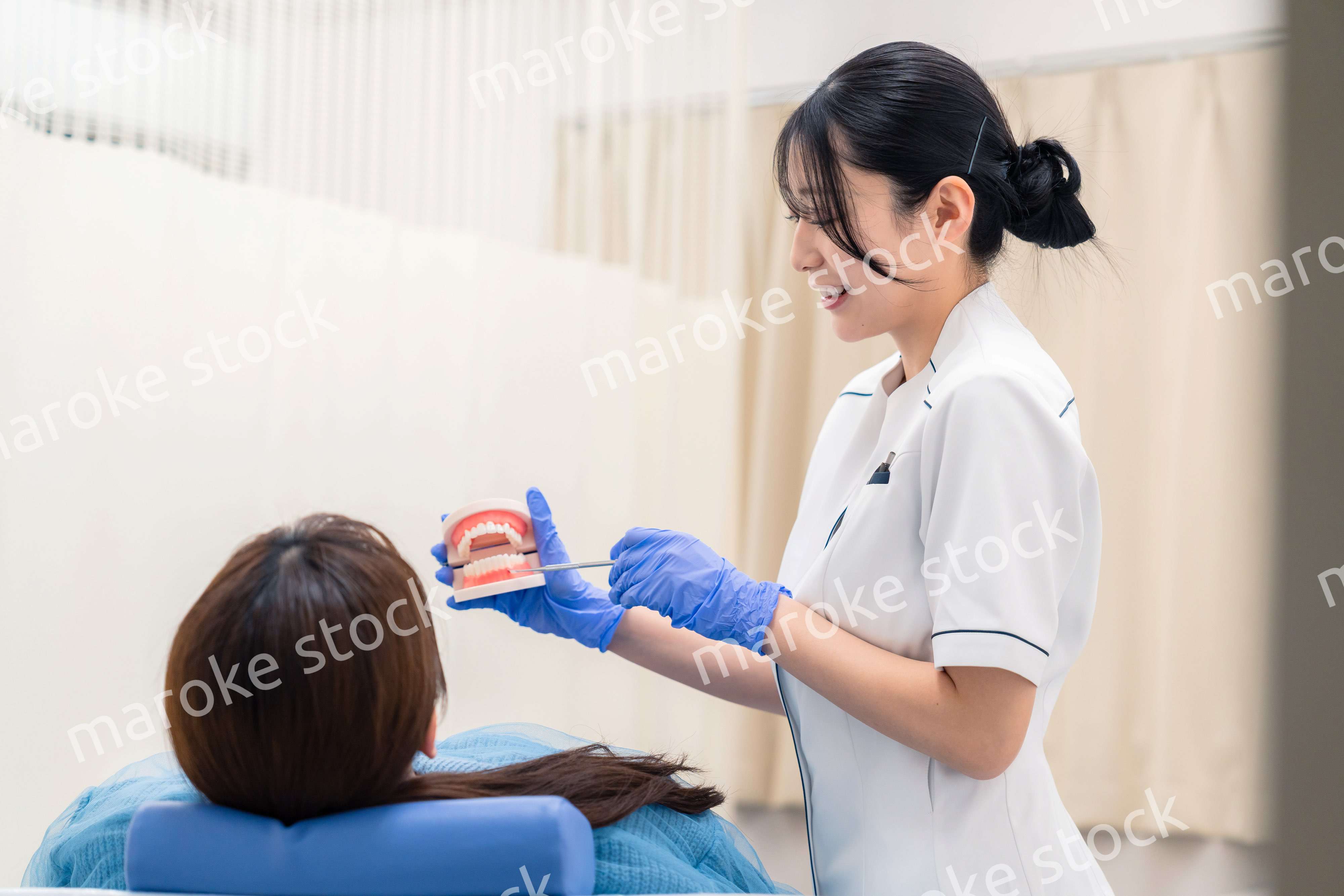 歯の模型を使って患者に説明をする歯科助手の女性