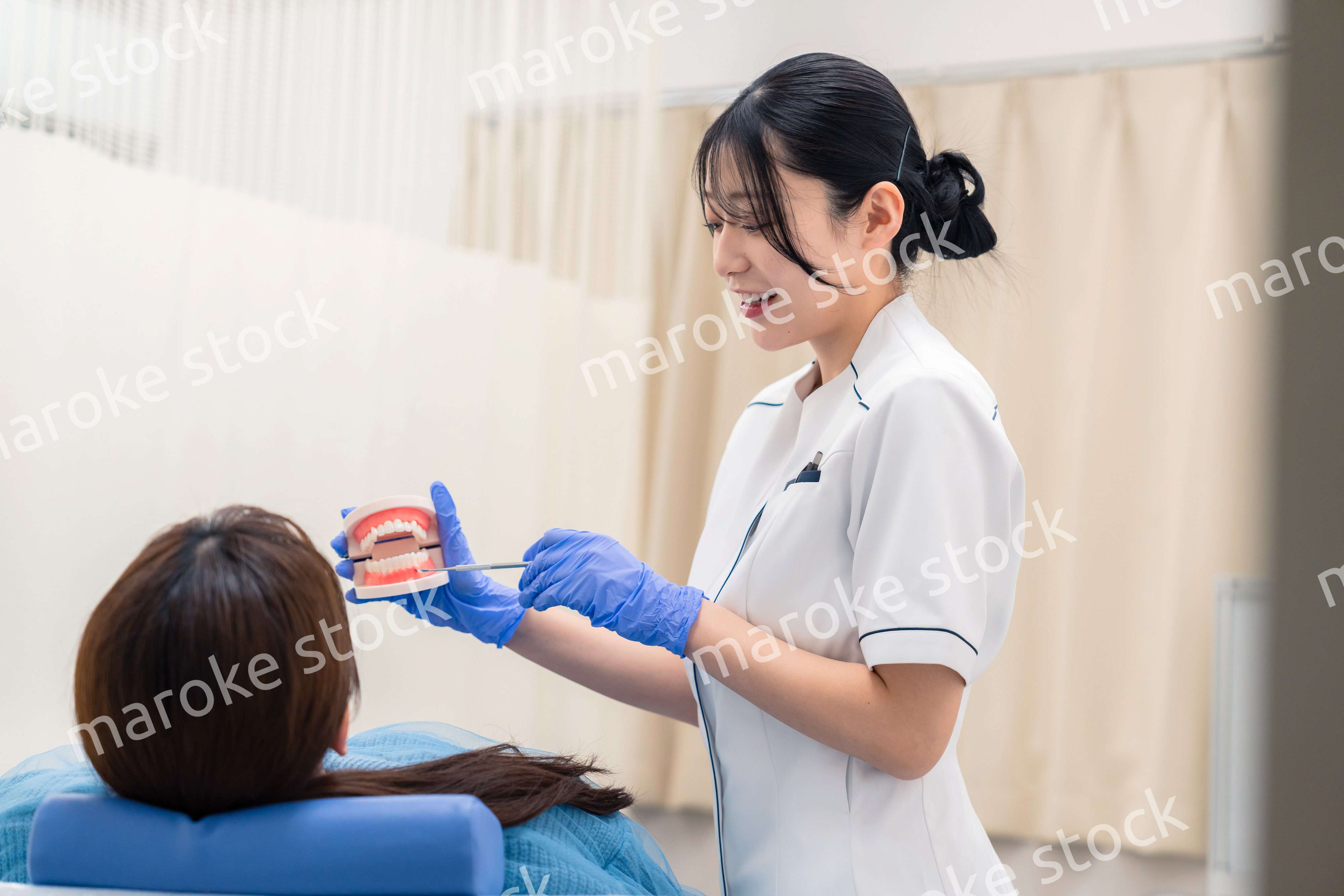 歯の模型を使って患者に説明をする歯科助手の女性