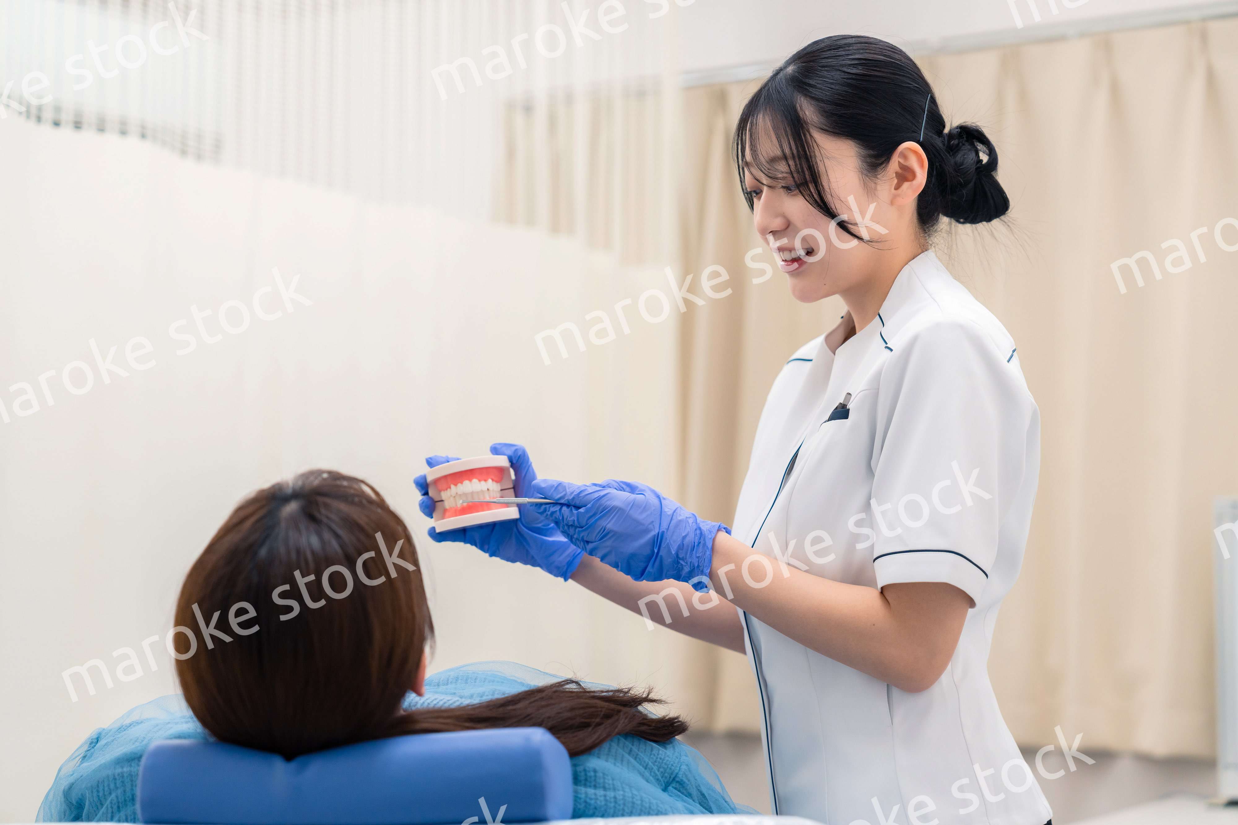 歯の模型を使って患者に説明をする歯科助手の女性