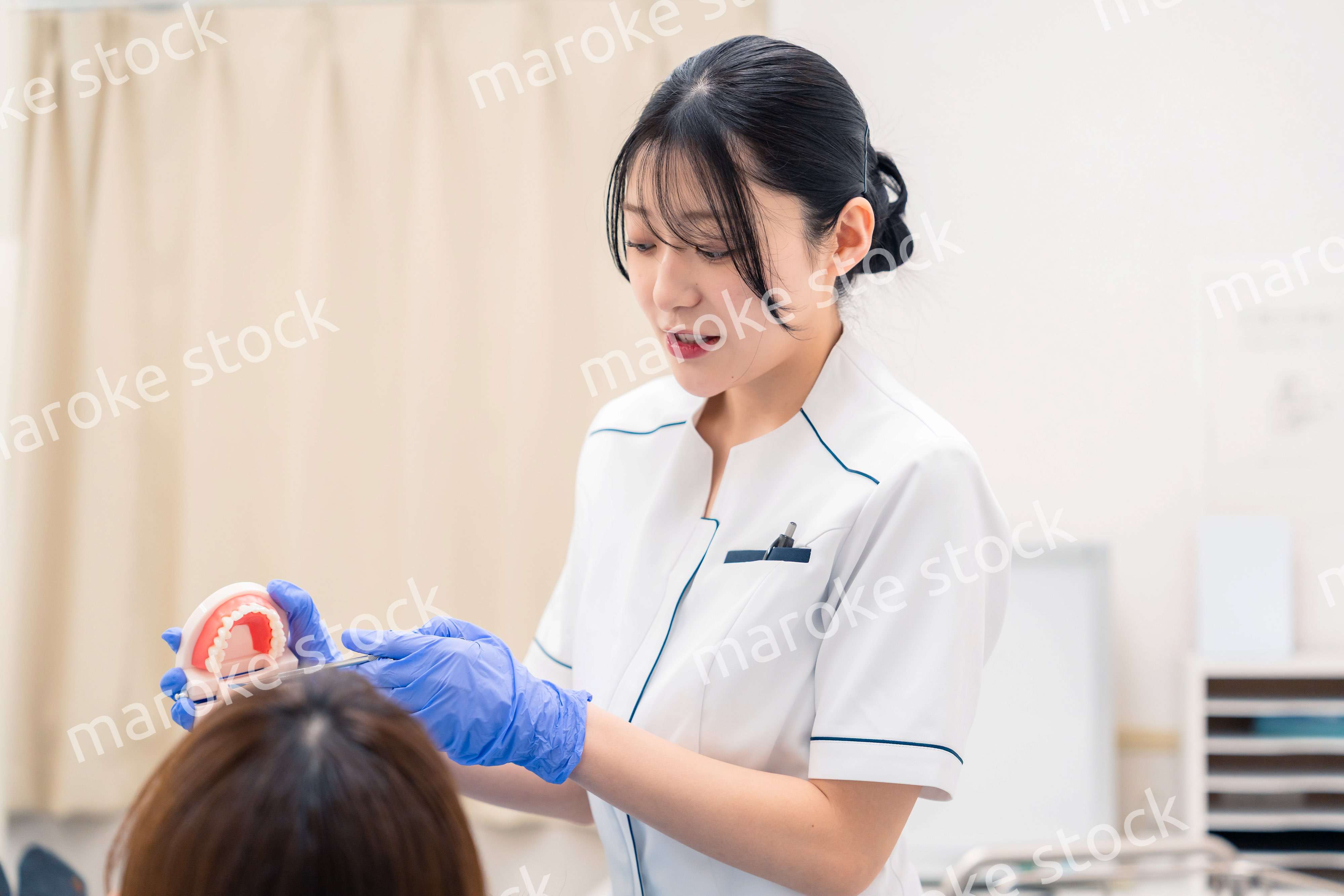 歯の模型を使って患者に説明をする歯科助手の女性