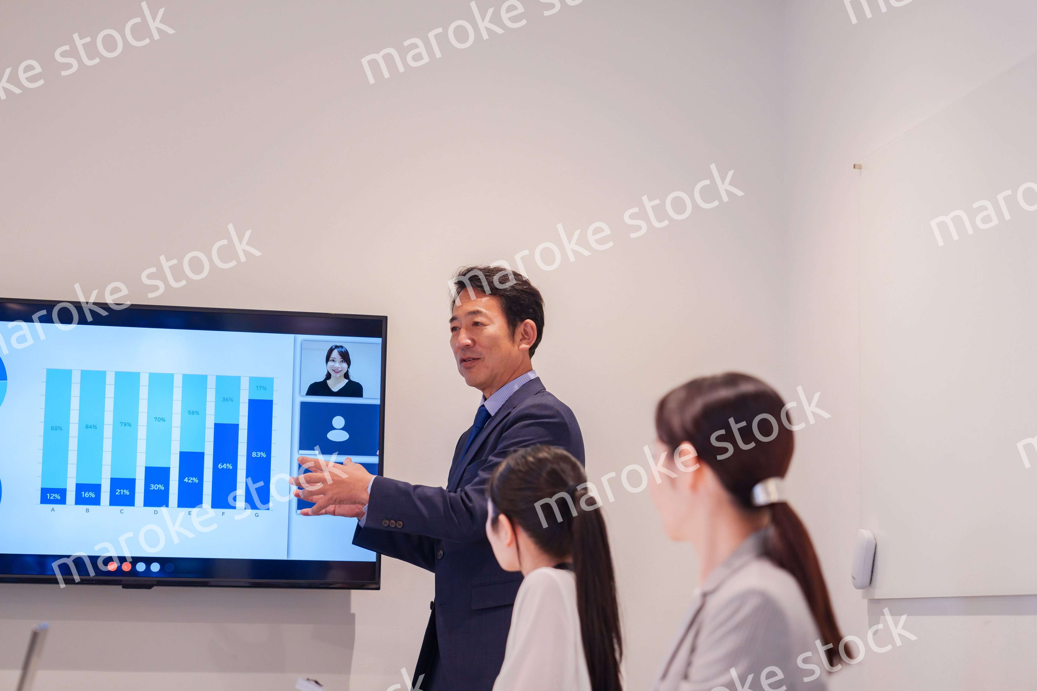 会議で資料を見ながらプレゼンをする中年のオフィスワーカー