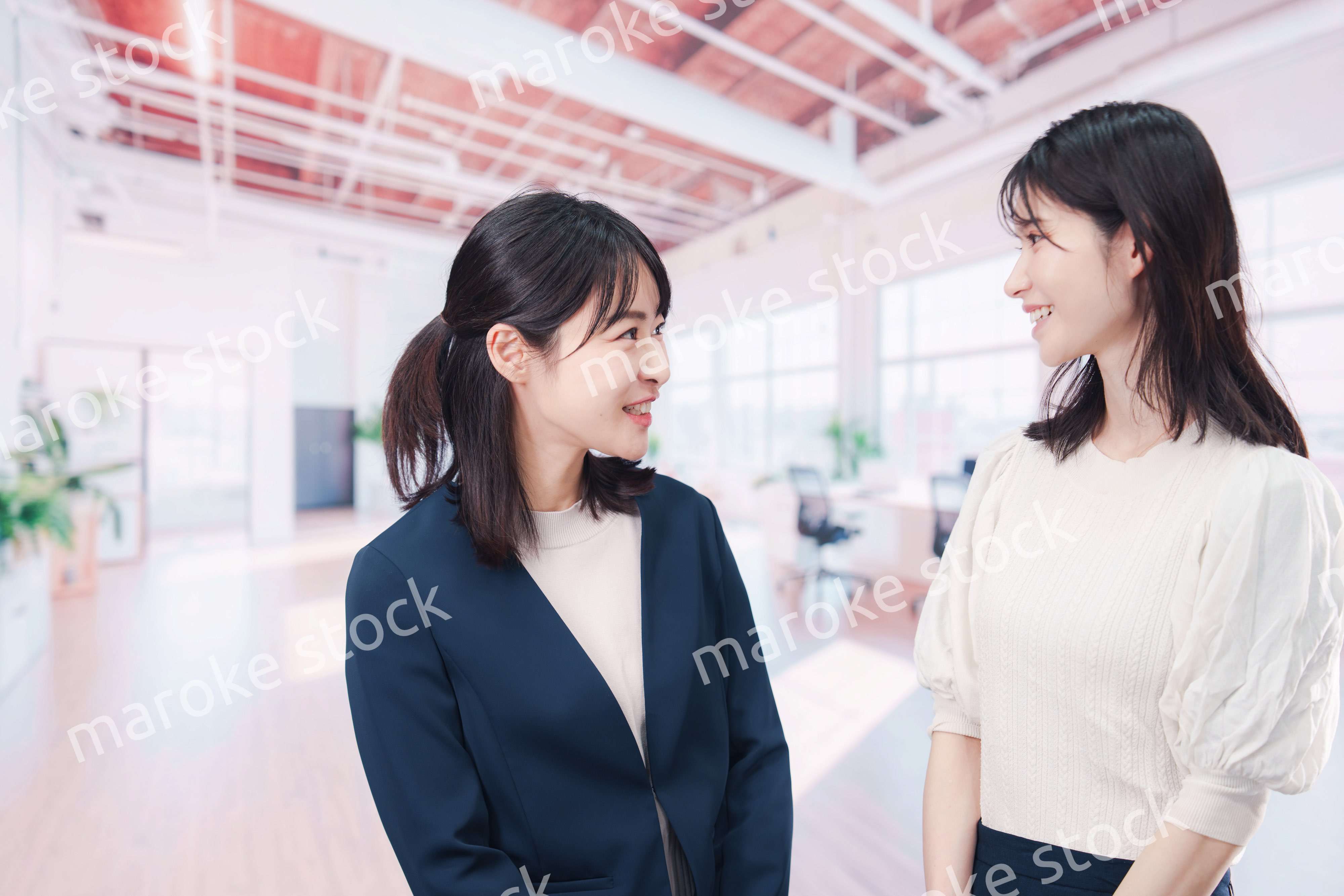 オフィスで会話をする二人のビジネスウーマン