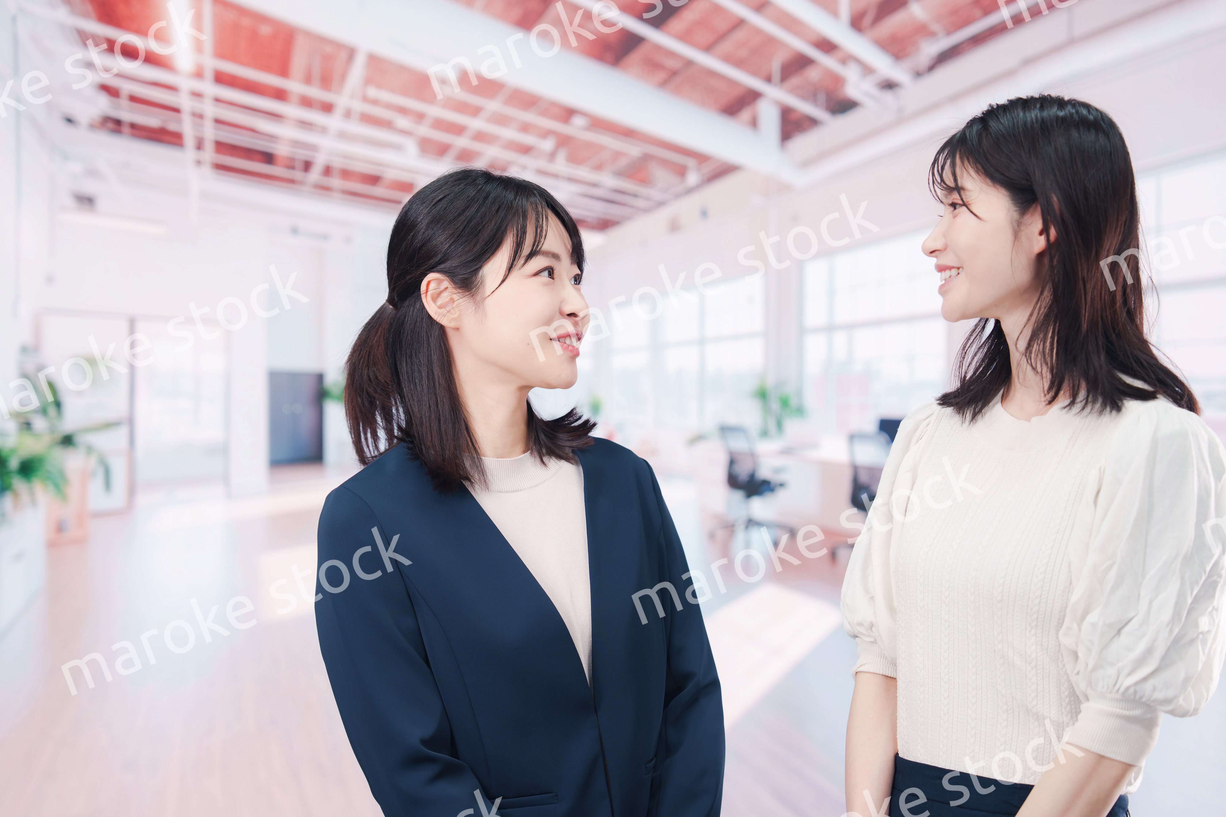 オフィスで会話をする二人のビジネスウーマン