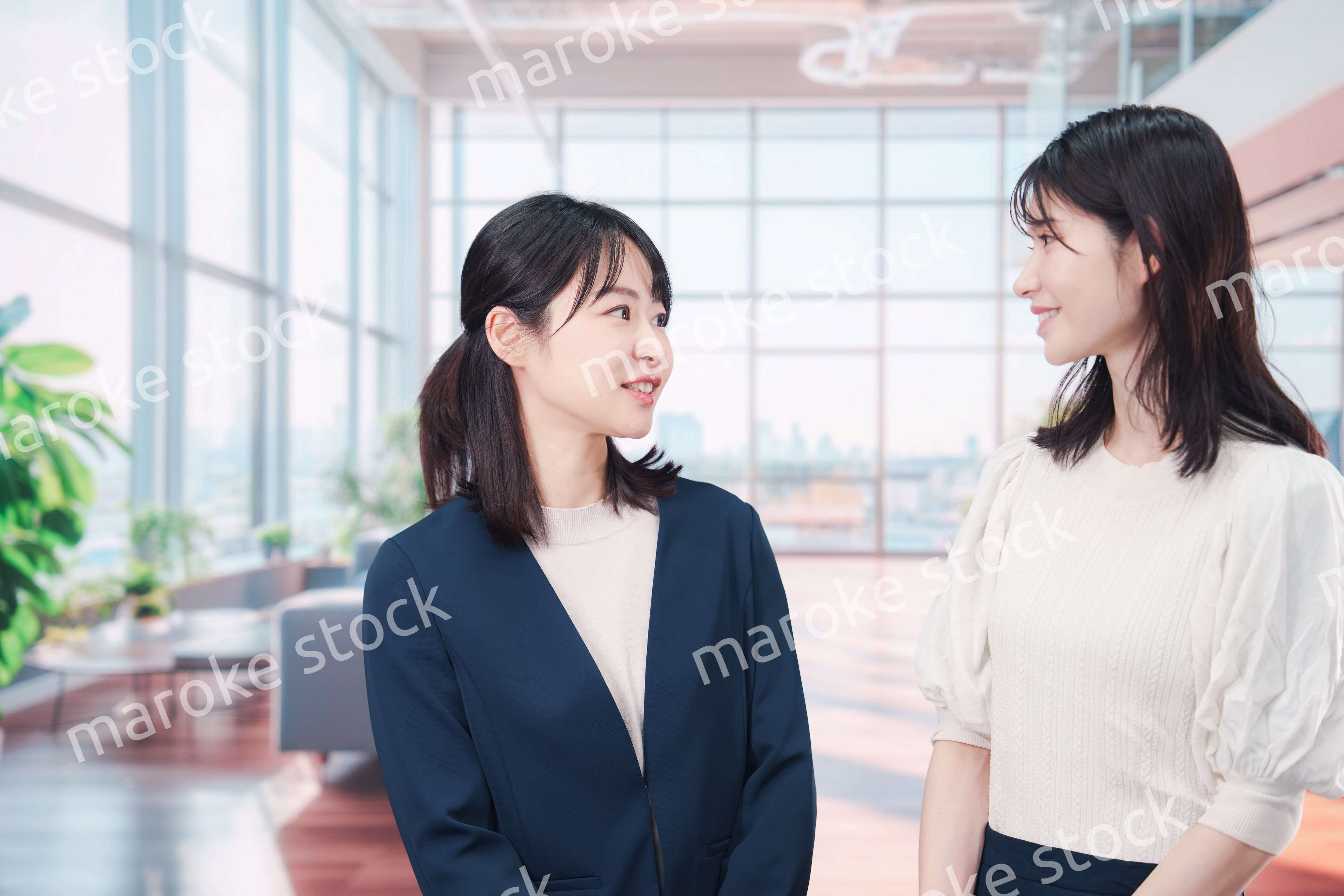 オフィスで会話をする二人のビジネスウーマン