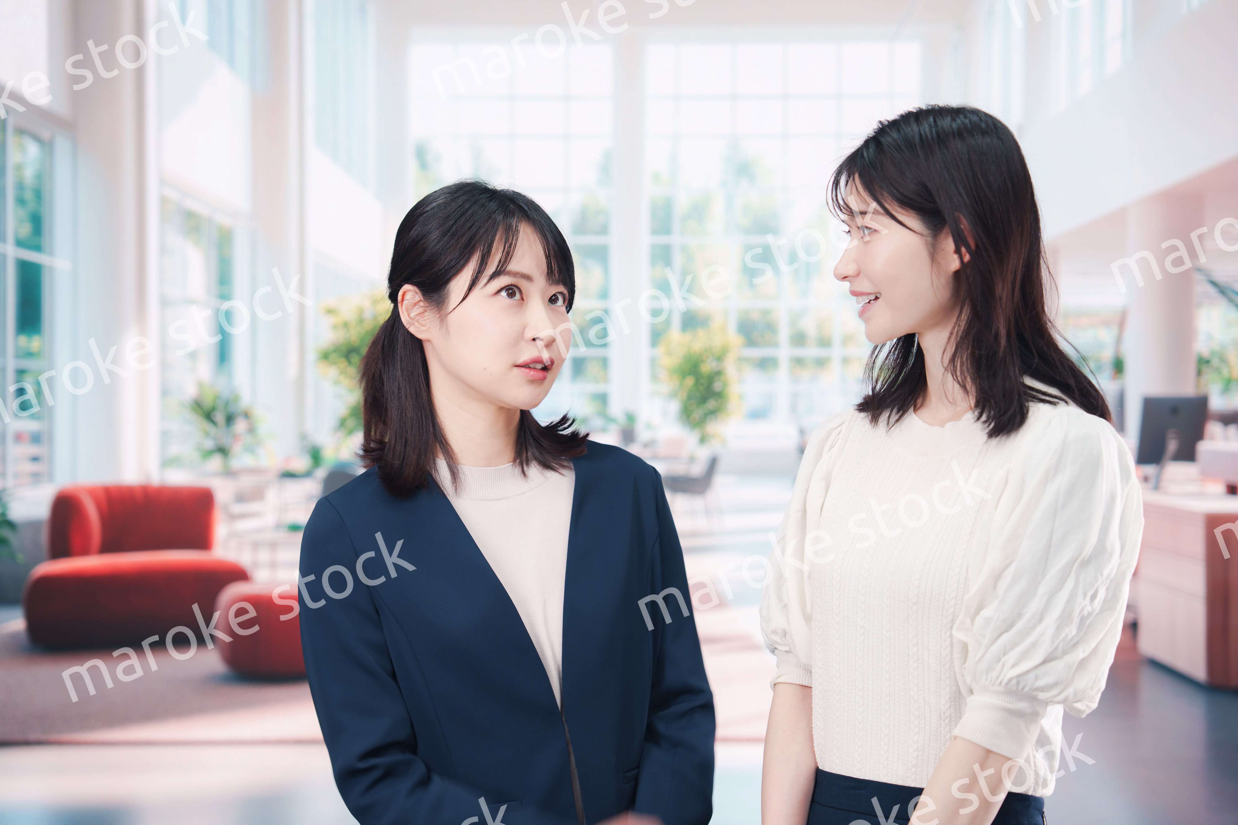 オフィスで会話をする二人のビジネスウーマン