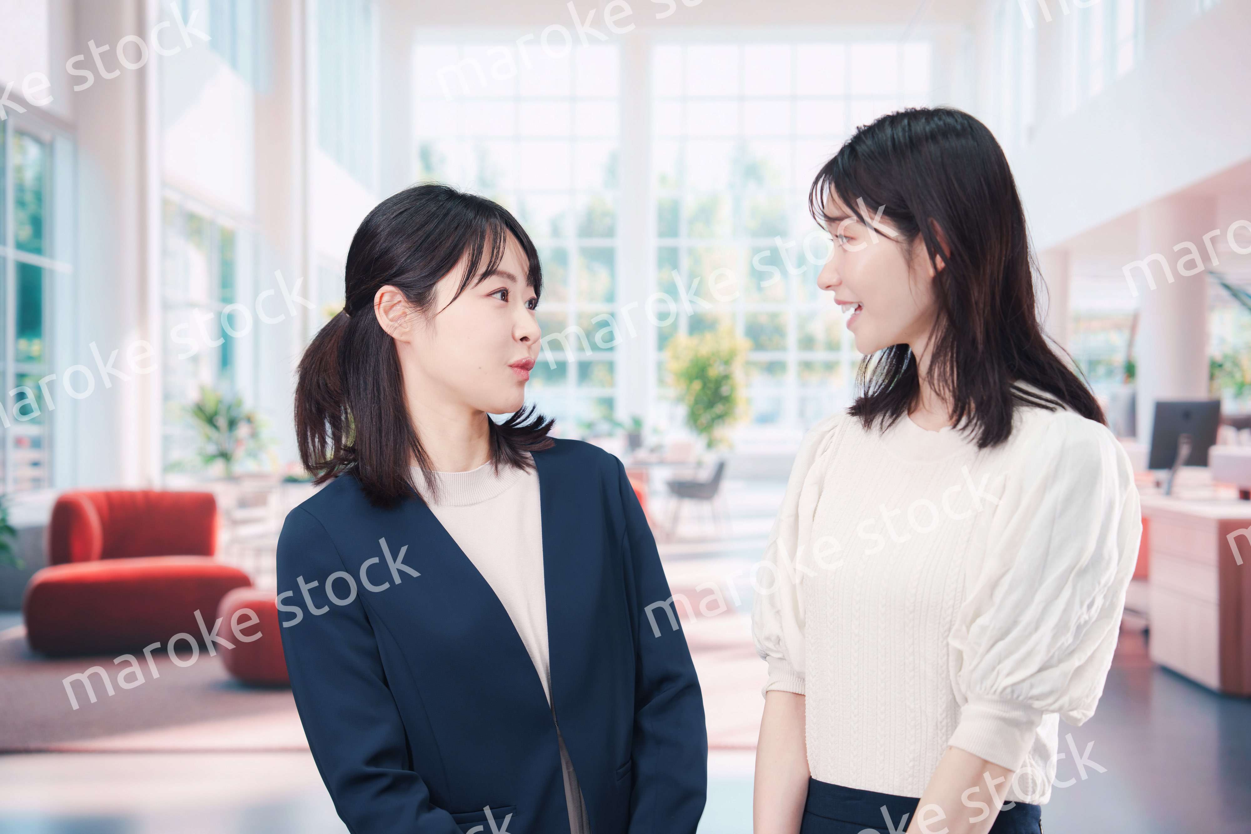 オフィスで会話をする二人のビジネスウーマン