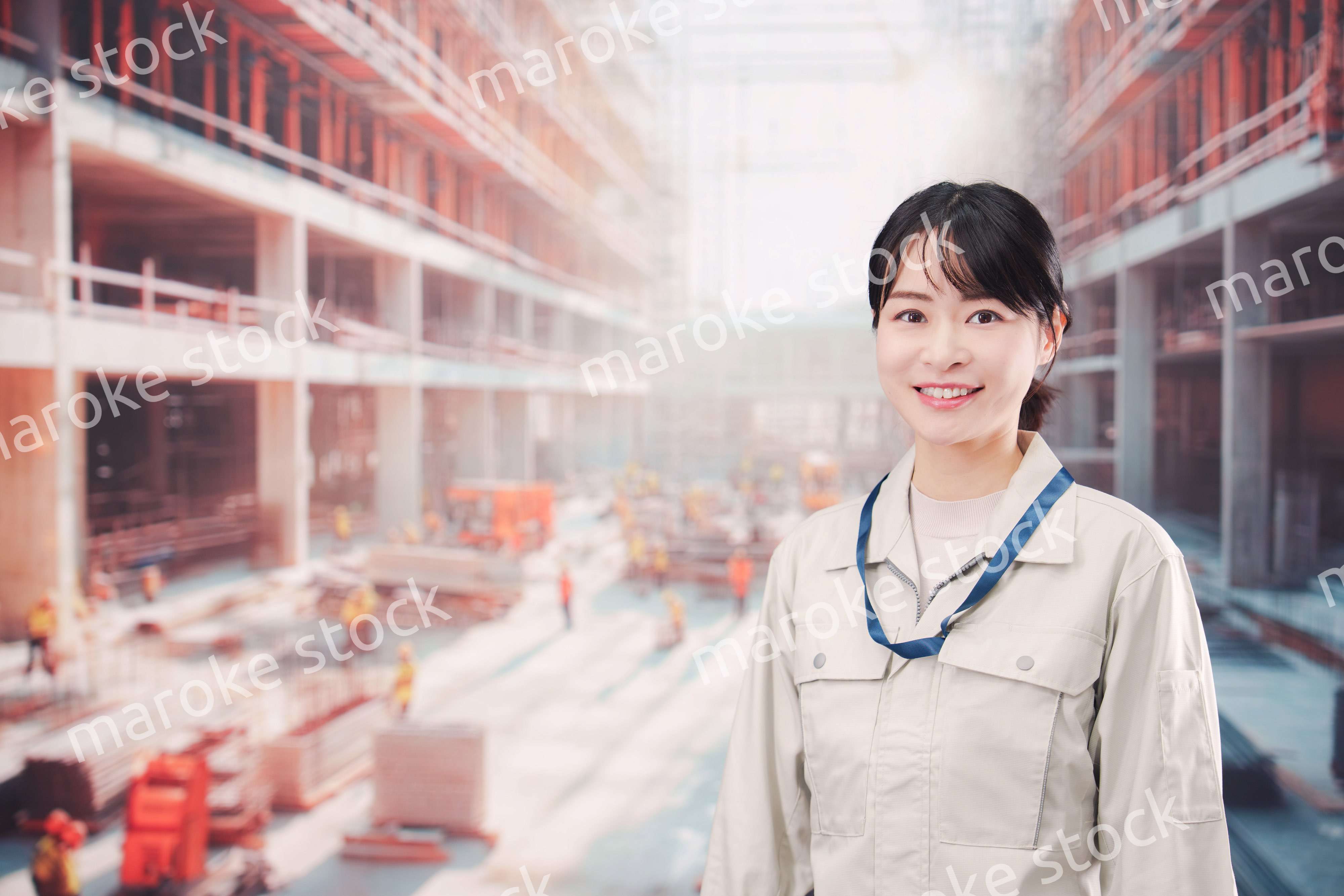 ビルの建築現場で働く作業着を着た若い女性