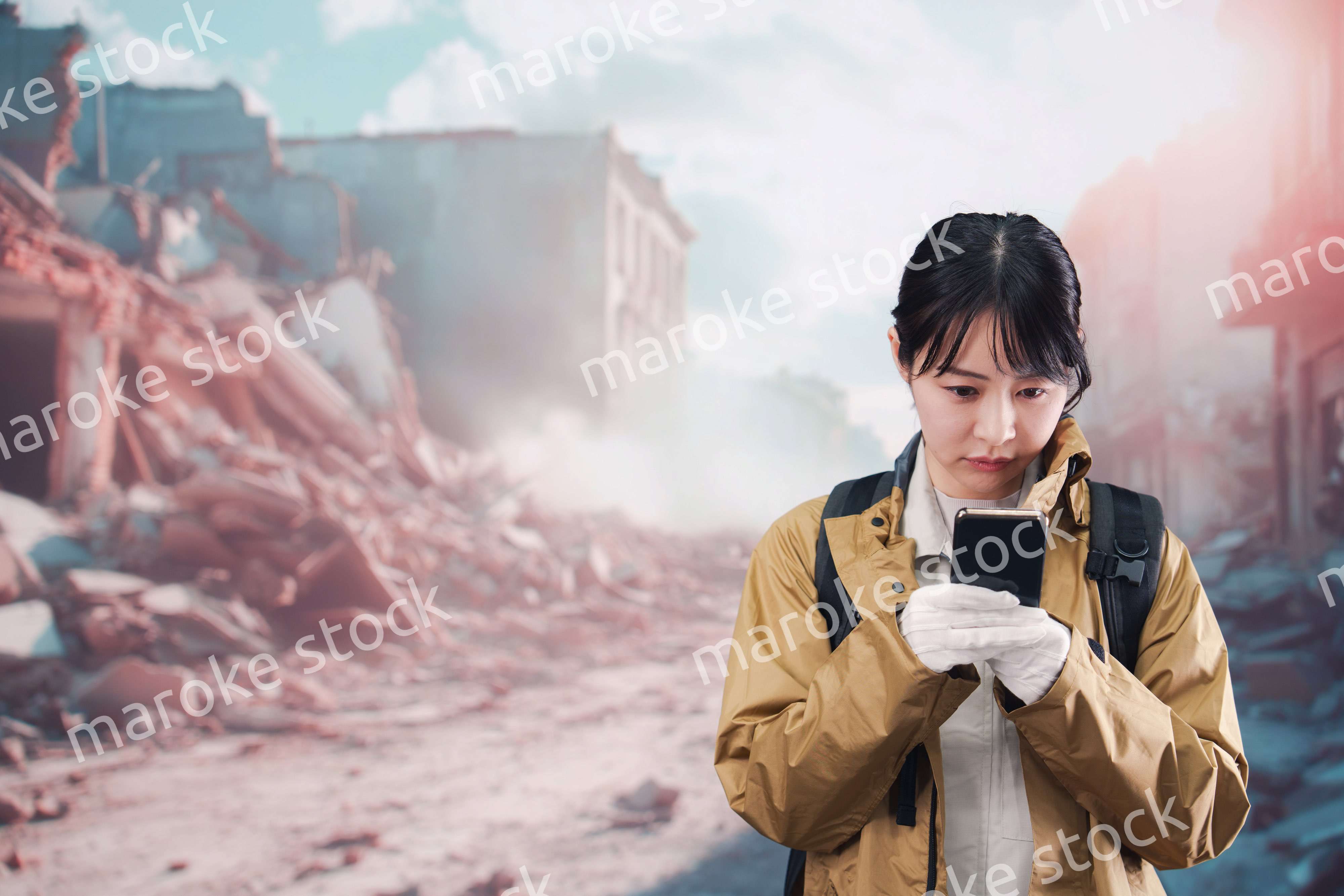 災害で被災し携帯電話が繋がらずに困る女性