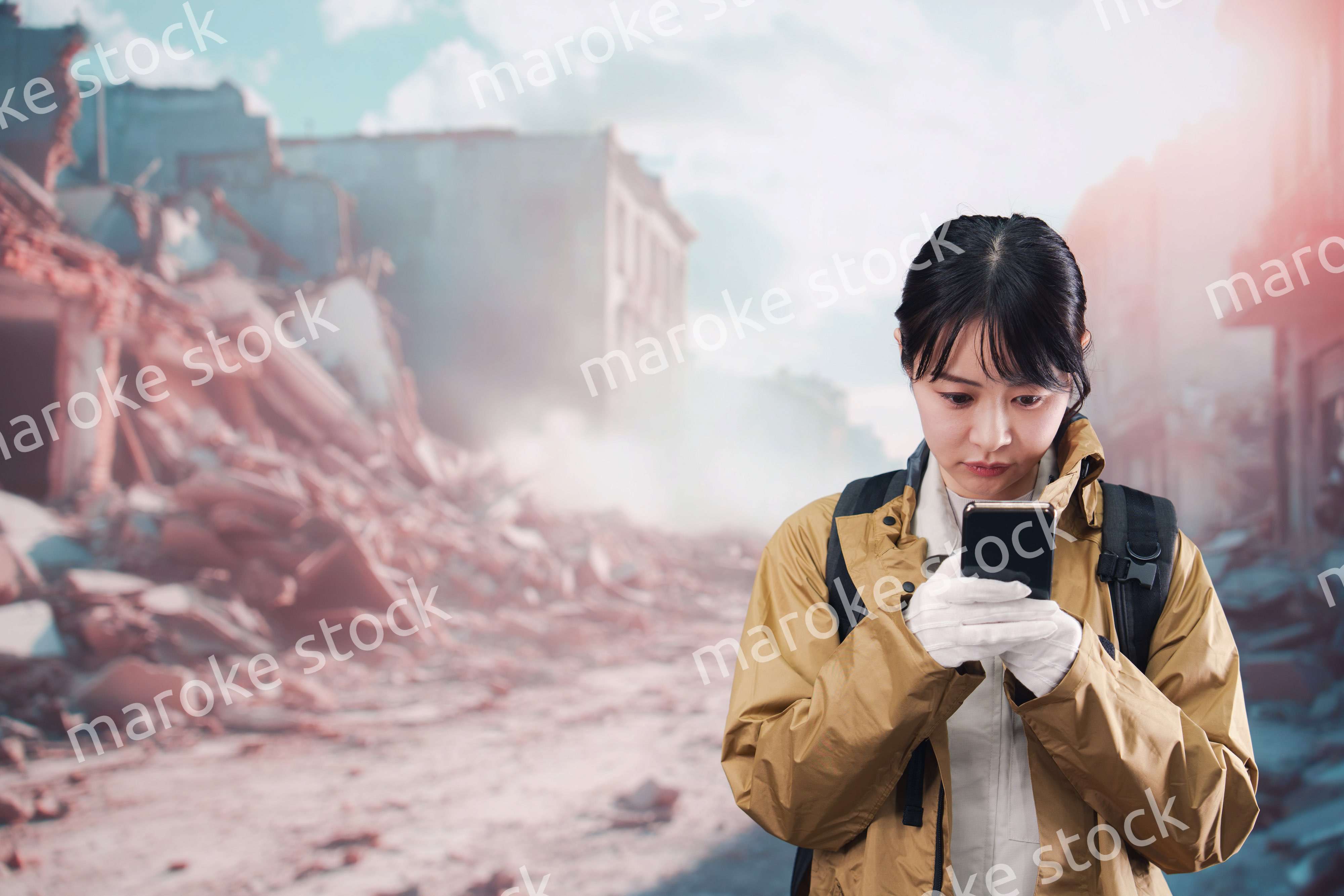 災害で被災し携帯電話が繋がらずに困る女性