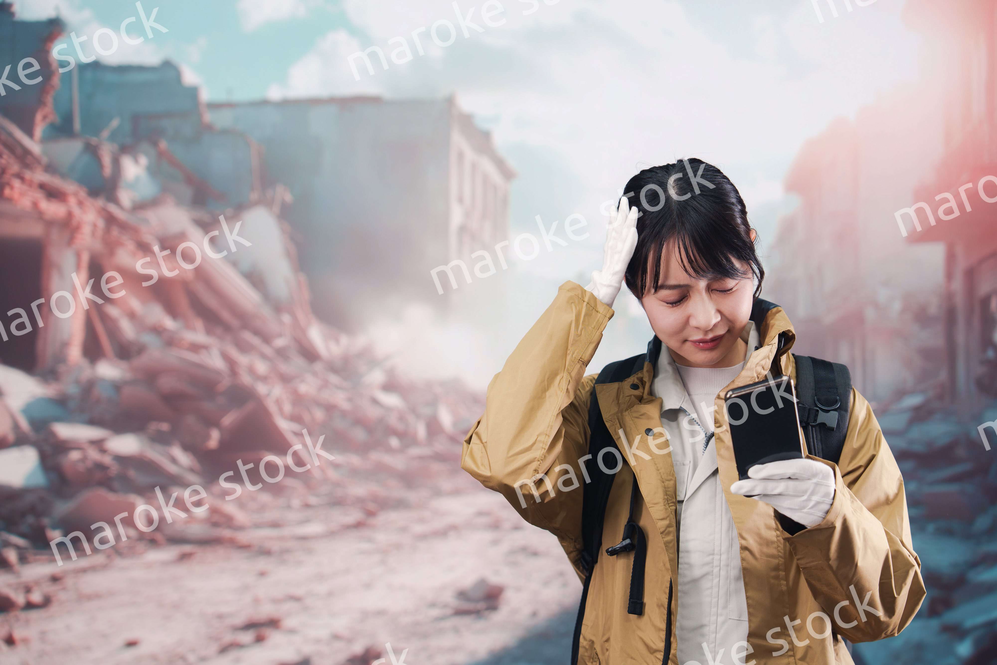 災害で被災し携帯電話が繋がらずに困る女性