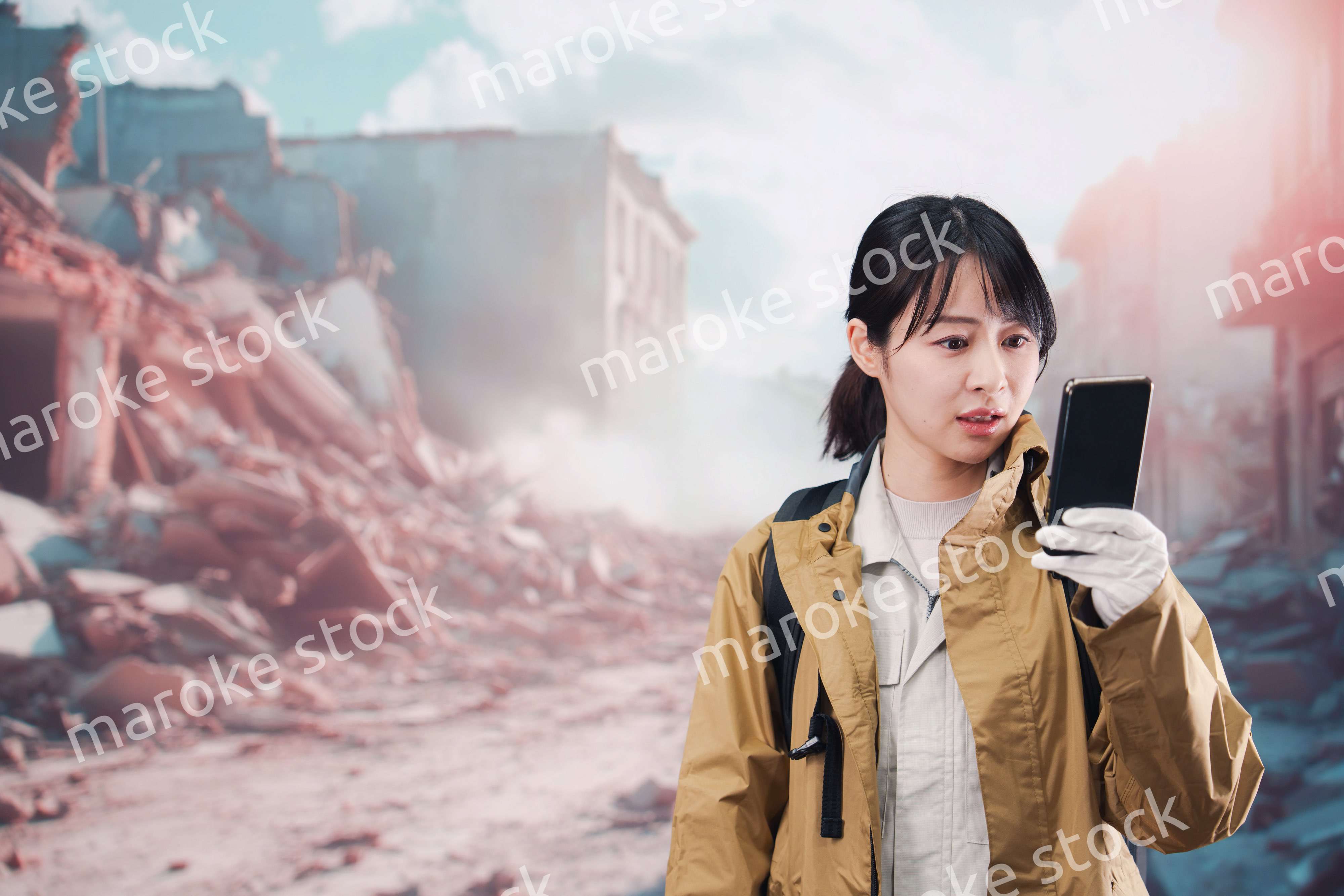 災害で被災し携帯電話が繋がらずに困る女性