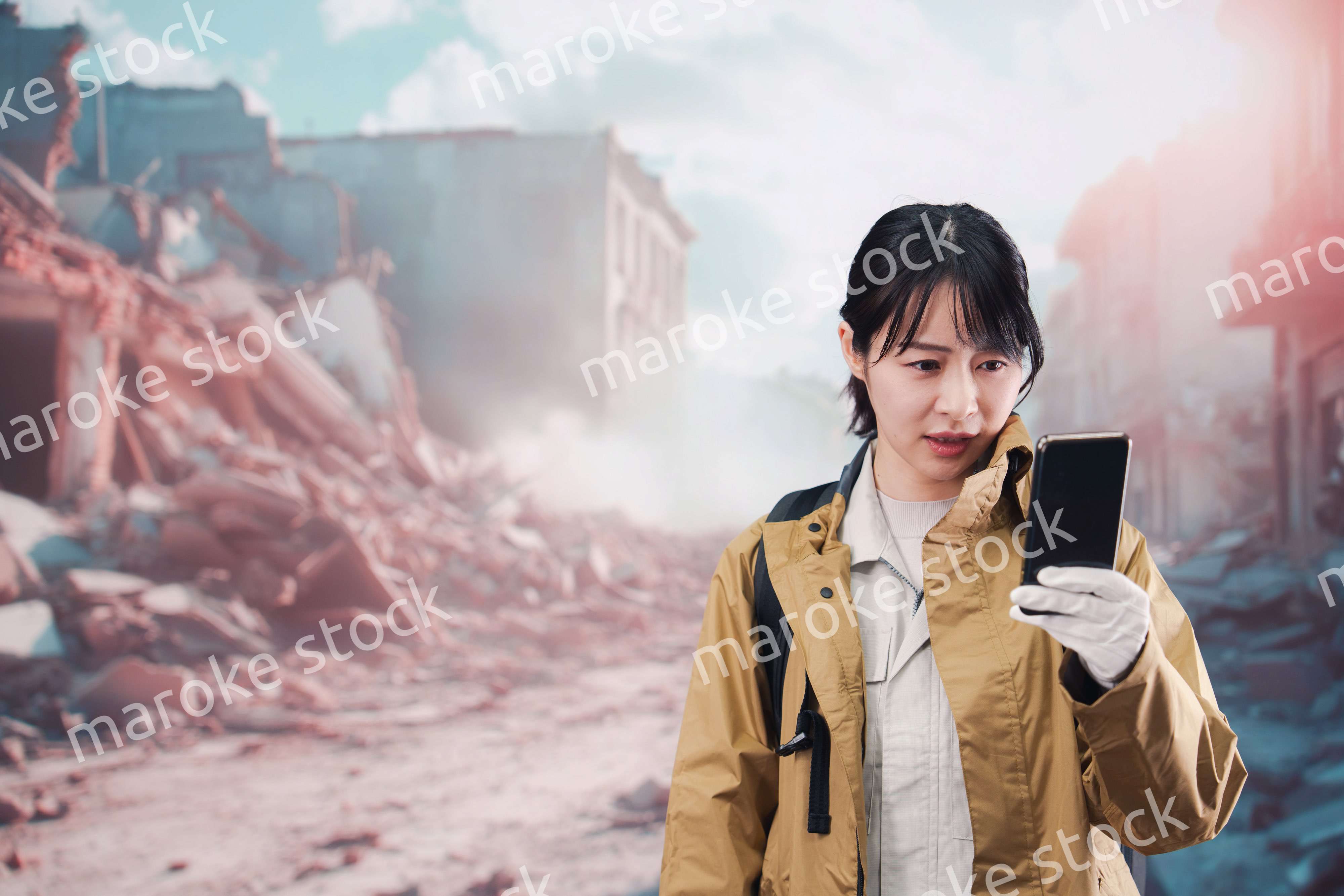 災害で被災し携帯電話が繋がらずに困る女性