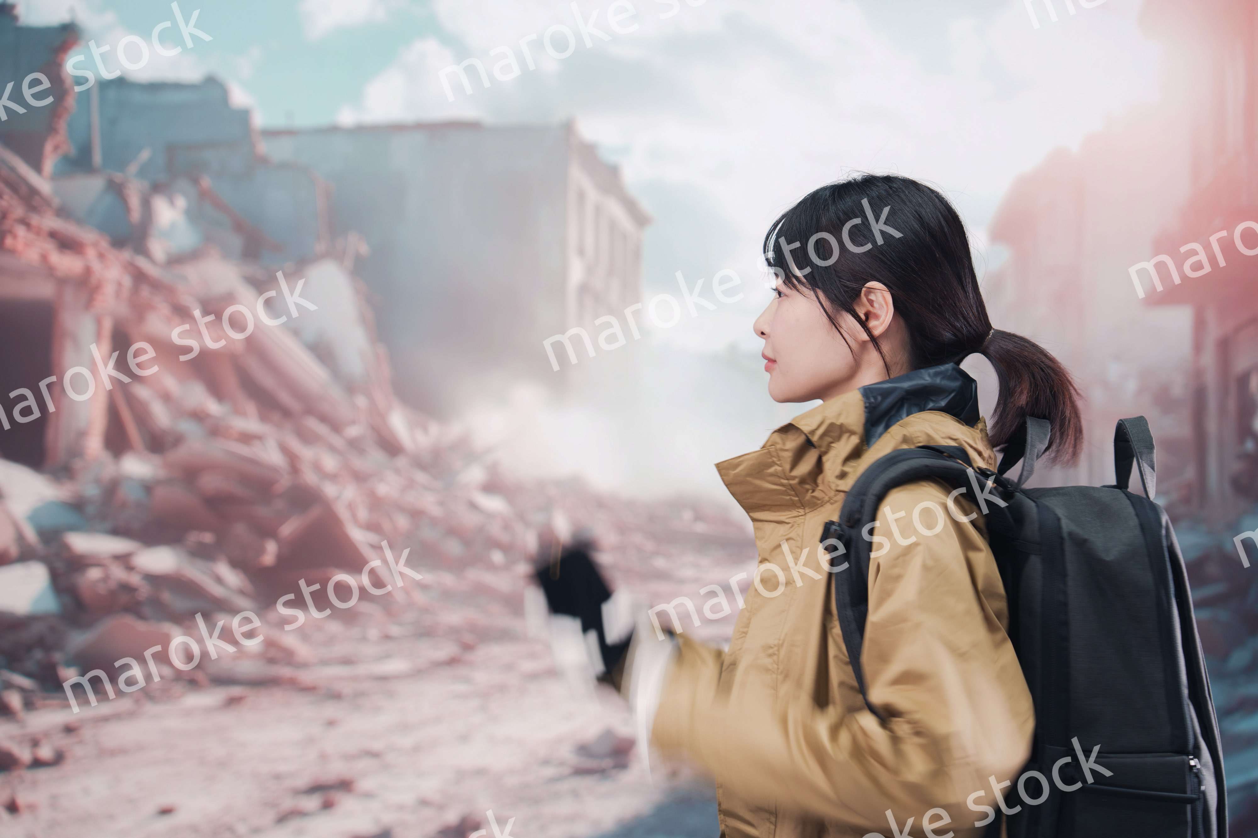 地震で建物が倒壊して逃げる女性