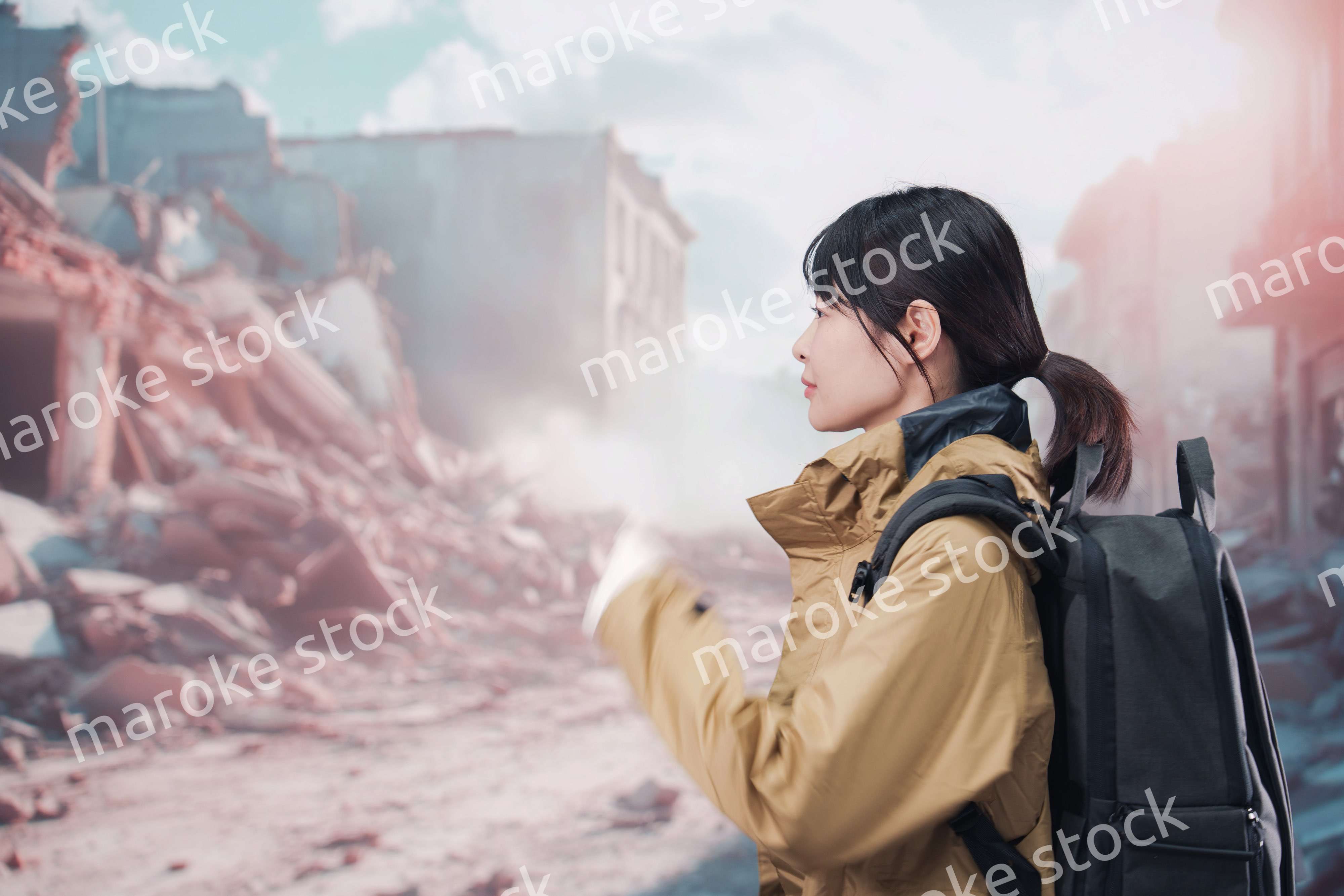 地震で建物が倒壊して逃げる女性