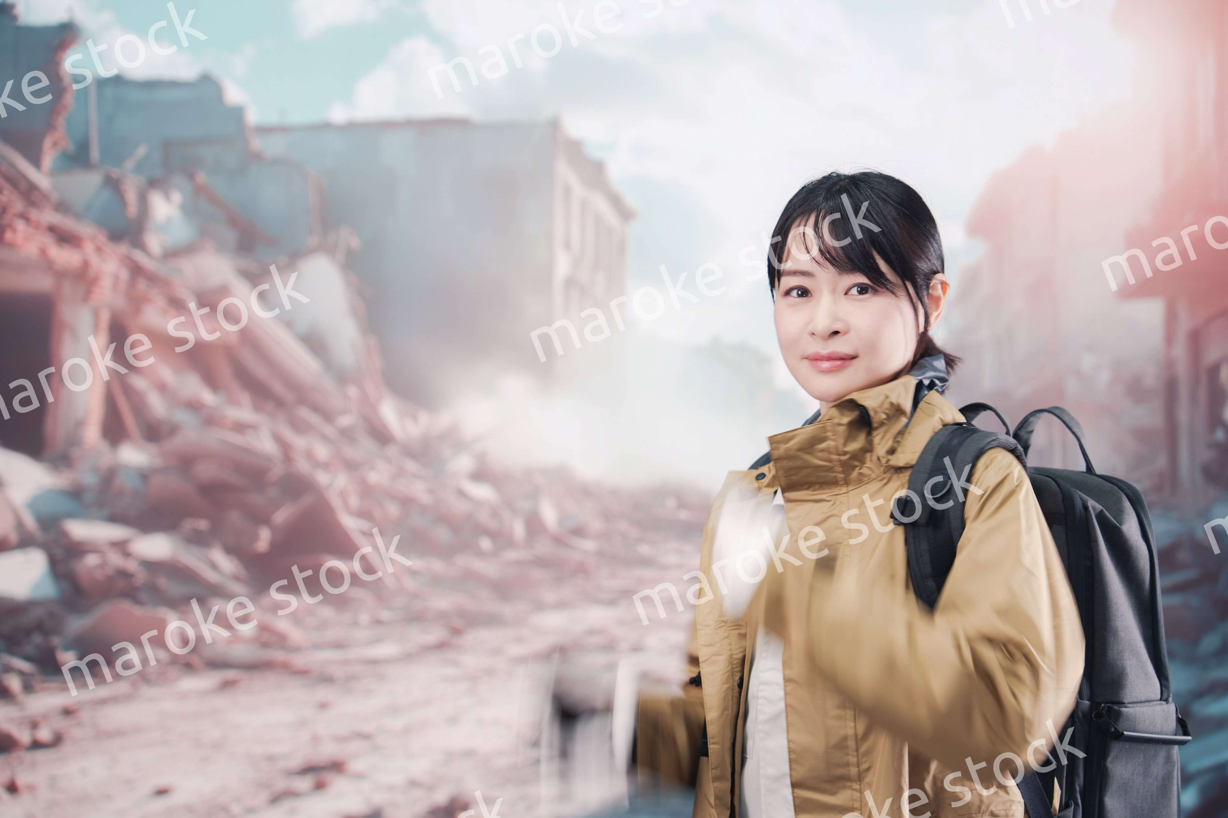 地震で建物が倒壊して逃げる女性