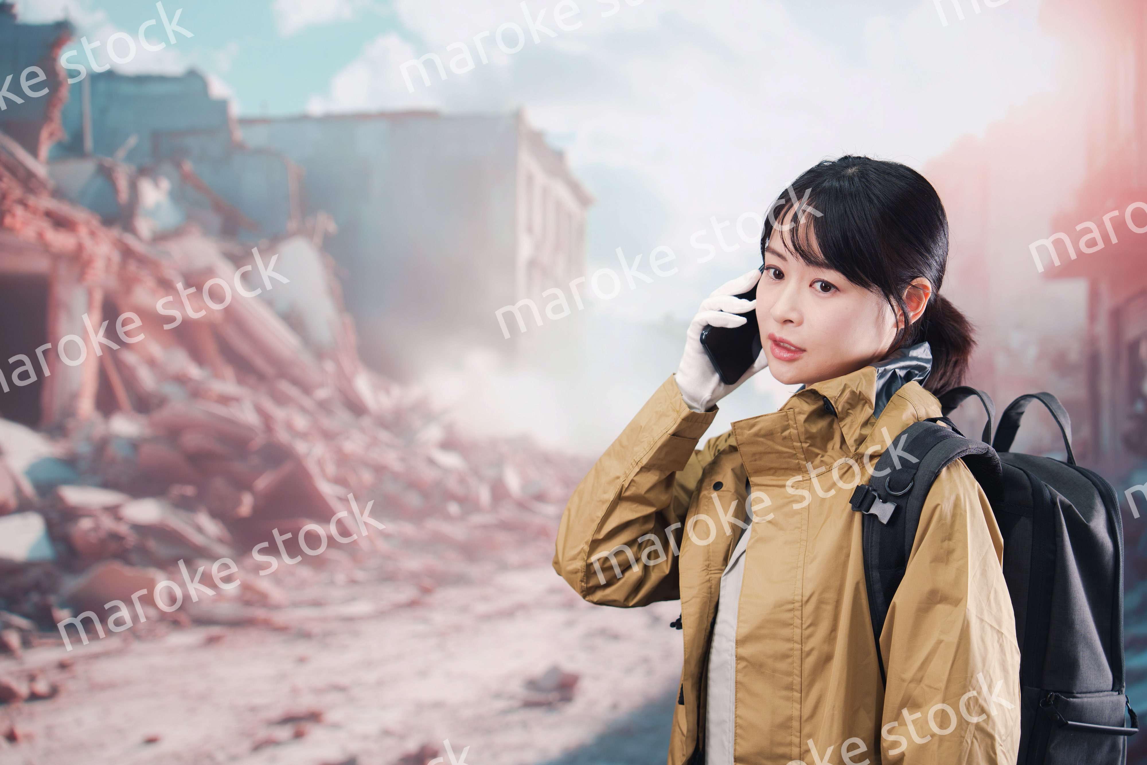 災害で被災し携帯電話が繋がらずに困る女性