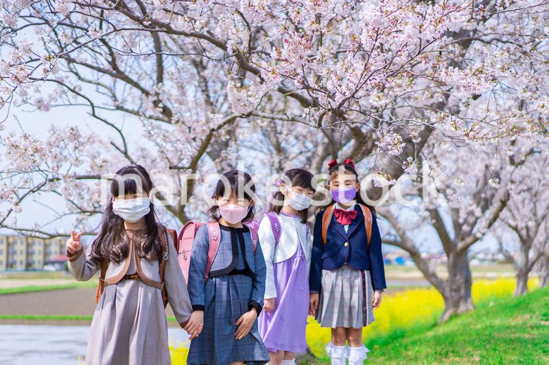 マスクをして小学校に登校する女の子たち