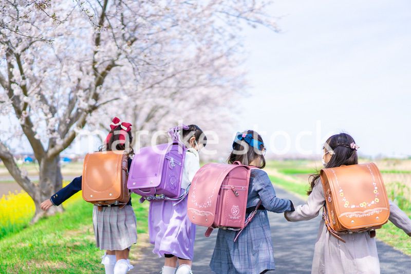 マスクをして小学校に登校する女の子たち