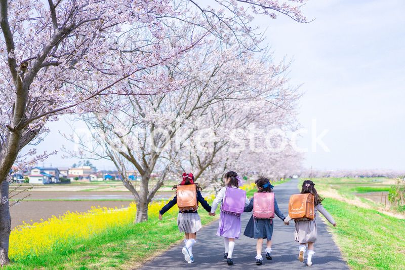 マスクをして小学校に登校する女の子たち