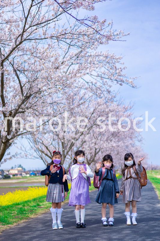 マスクをして小学校に登校する女の子たち