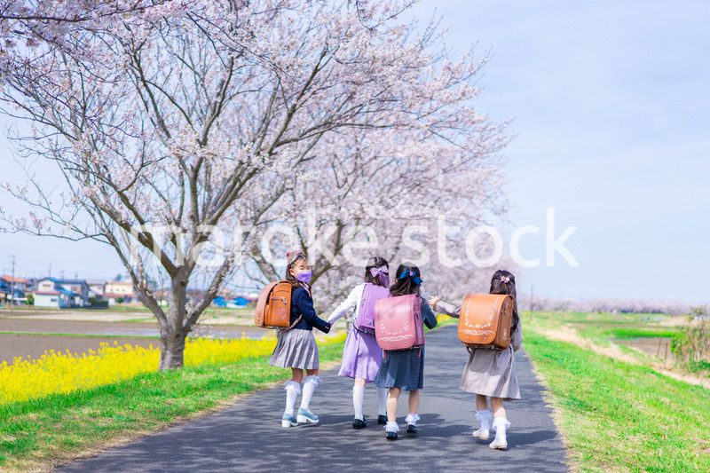 マスクをして小学校に登校する女の子たち